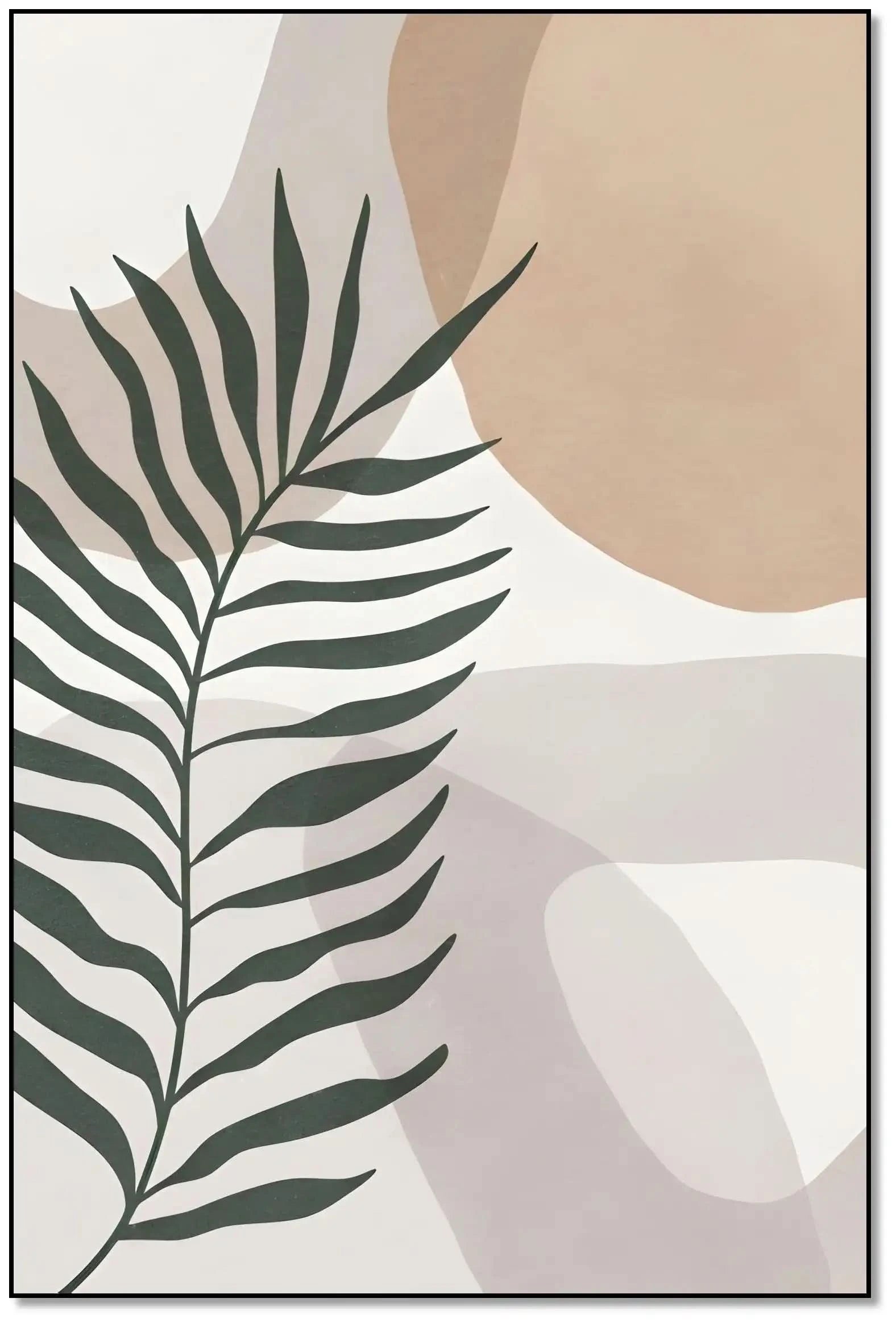 Feuille de palmier stylisée sur fond beige et blanc, style minimaliste, ambiance naturelle et apaisante pour salon ou chambre