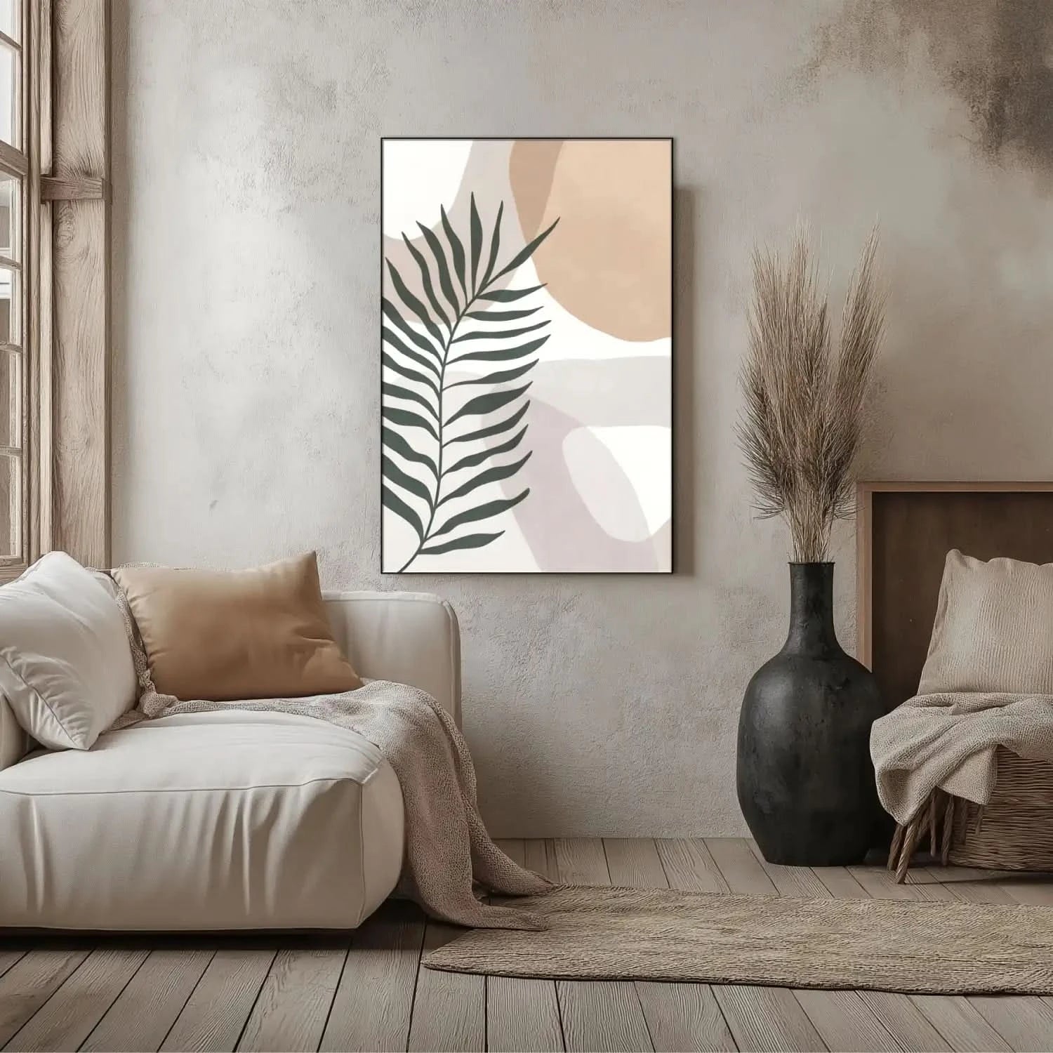 Feuille de palmier stylisée sur fond beige et blanc, style minimaliste, ambiance naturelle et apaisante pour salon ou chambre