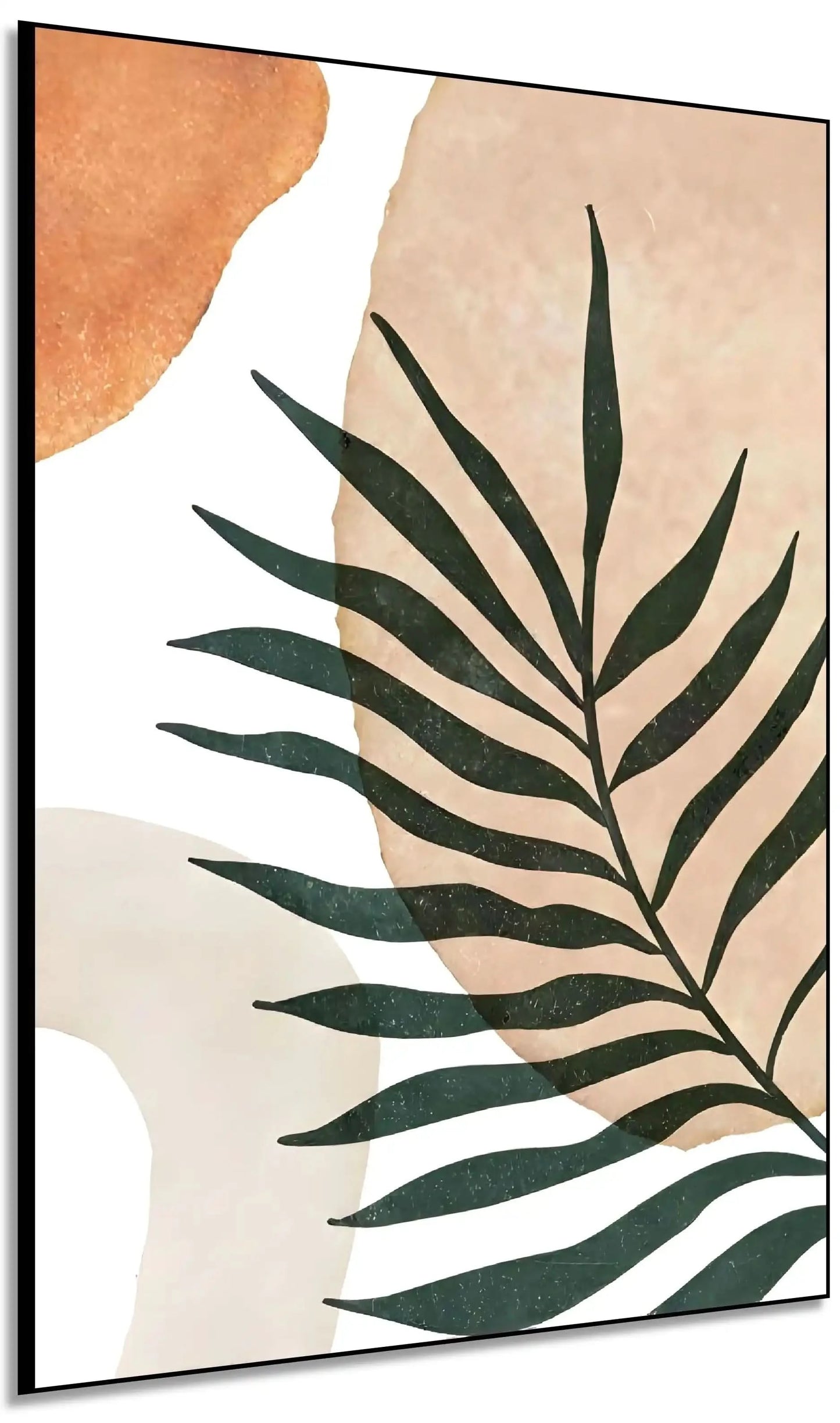 Tableau minimaliste avec feuille verte sur fond beige, ambiance naturelle et sereine pour salon ou chambre moderne.