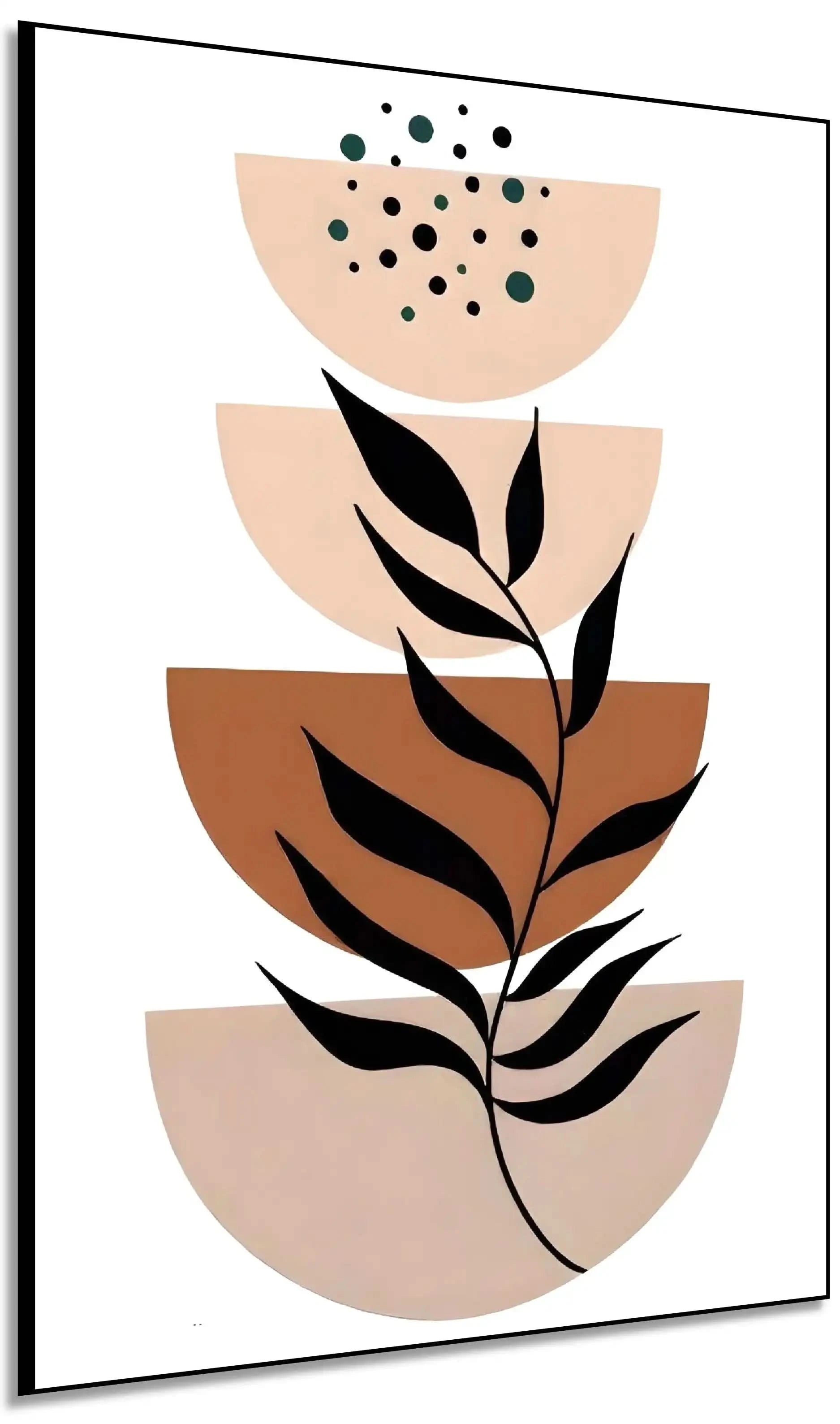 Tableau minimaliste avec formes géométriques beige et marron, motifs de feuilles noires, ambiance sereine pour salon moderne.