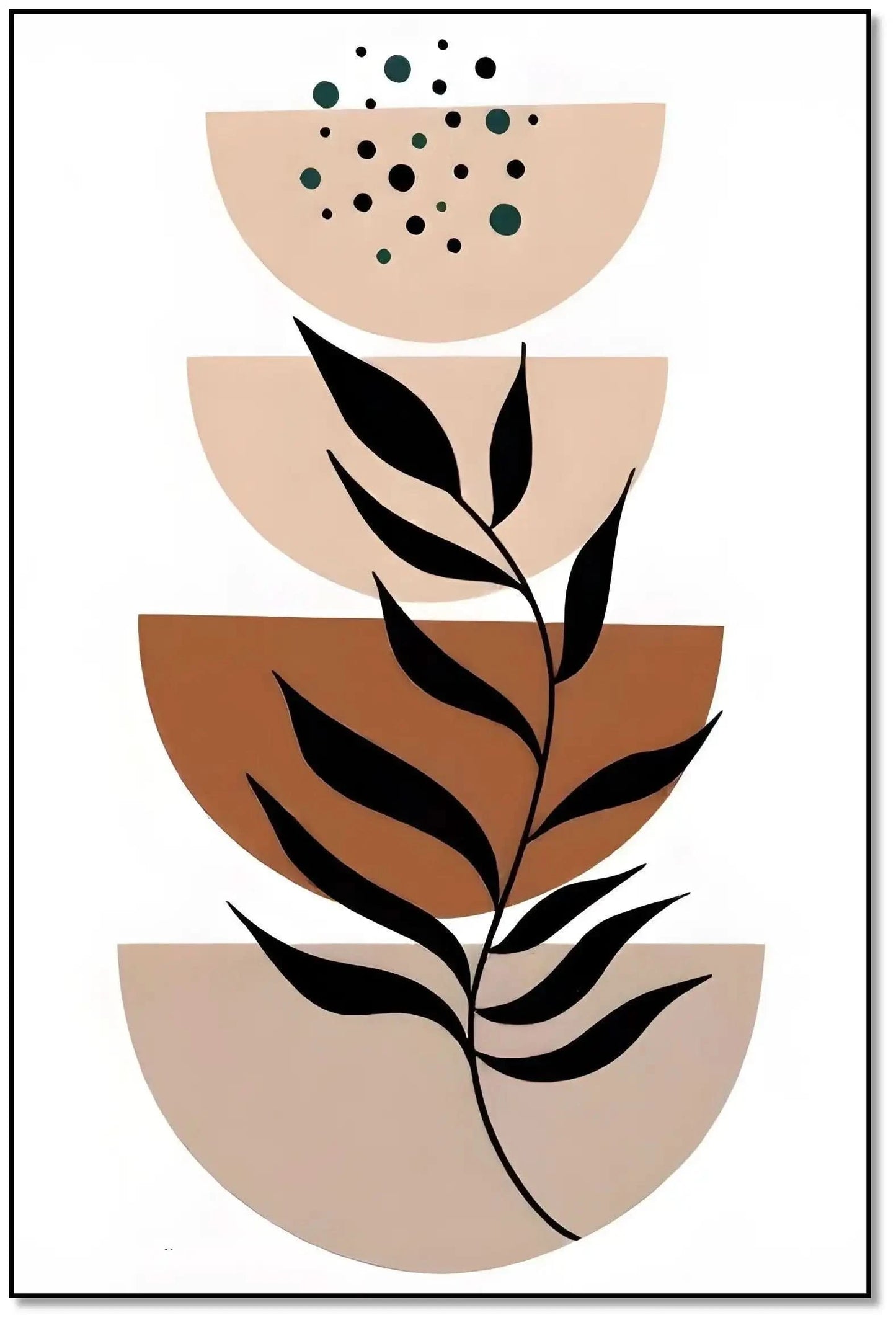 Tableau minimaliste avec formes géométriques beige et marron, motifs de feuilles noires, ambiance sereine pour salon moderne.