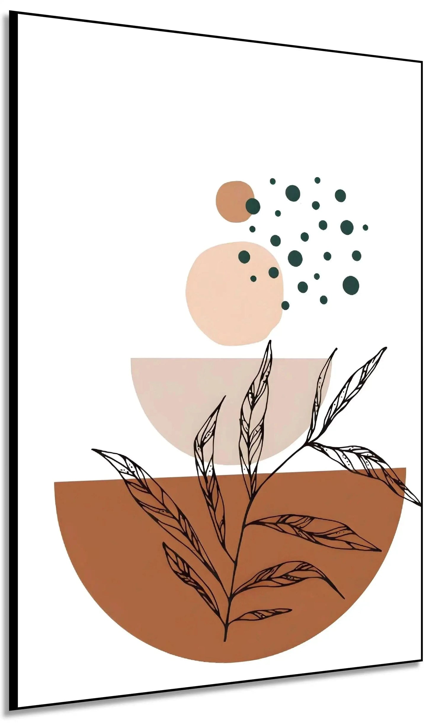 Œuvre minimaliste avec formes géométriques terre cuite et beige, motifs naturels, ambiance sereine pour salon moderne.