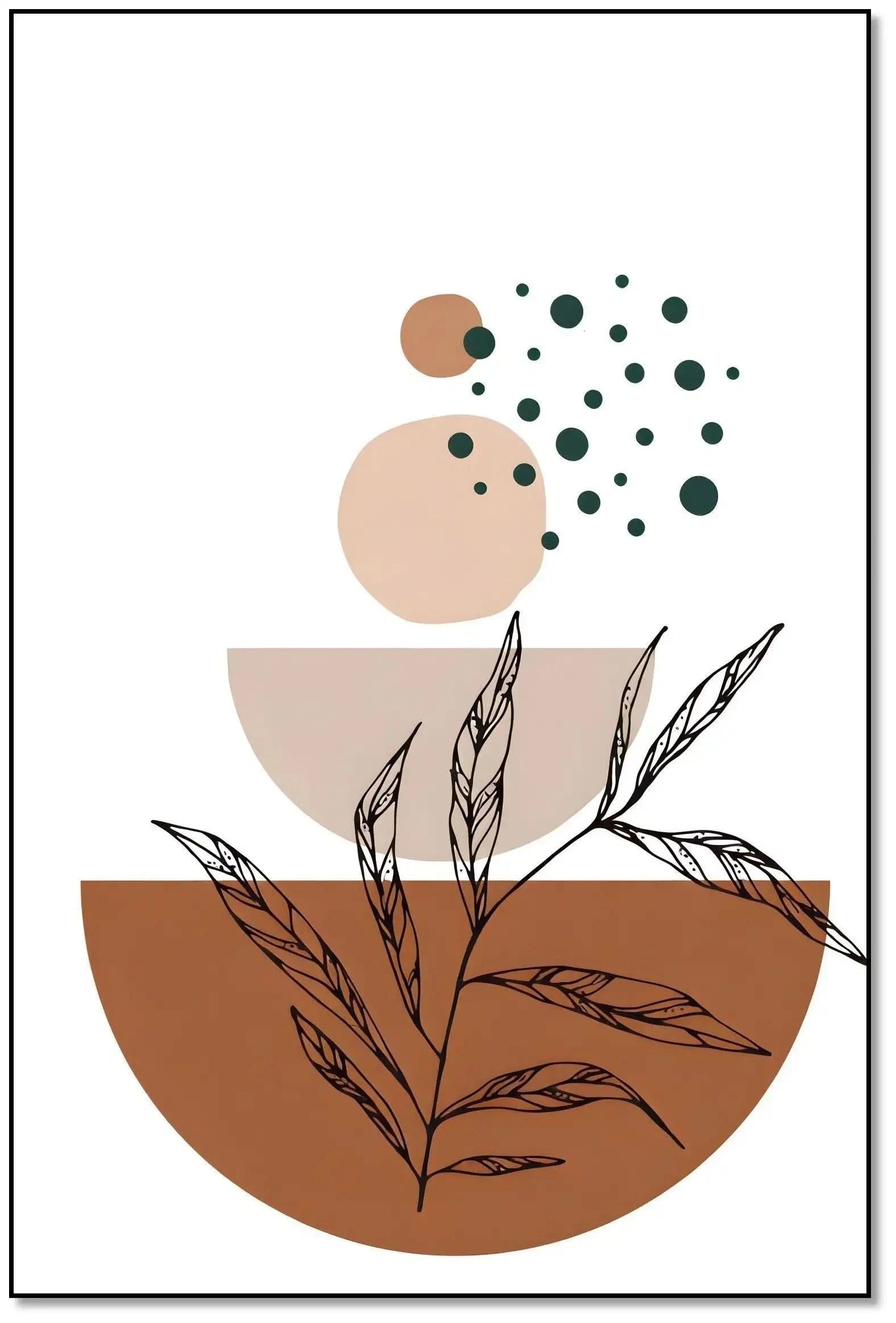 Œuvre minimaliste avec formes géométriques terre cuite et beige, motifs naturels, ambiance sereine pour salon moderne.