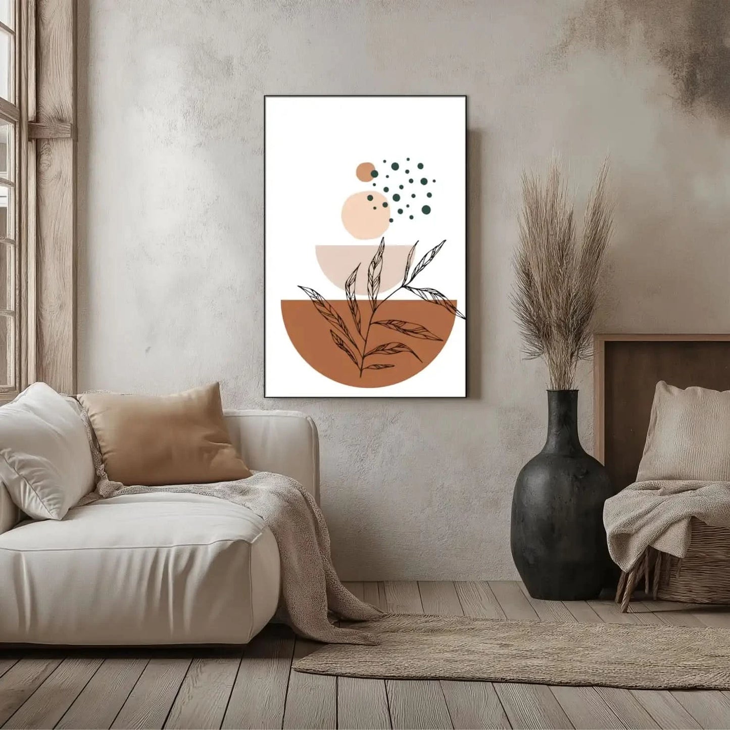 Œuvre minimaliste avec formes géométriques terre cuite et beige, motifs naturels, ambiance sereine pour salon moderne.