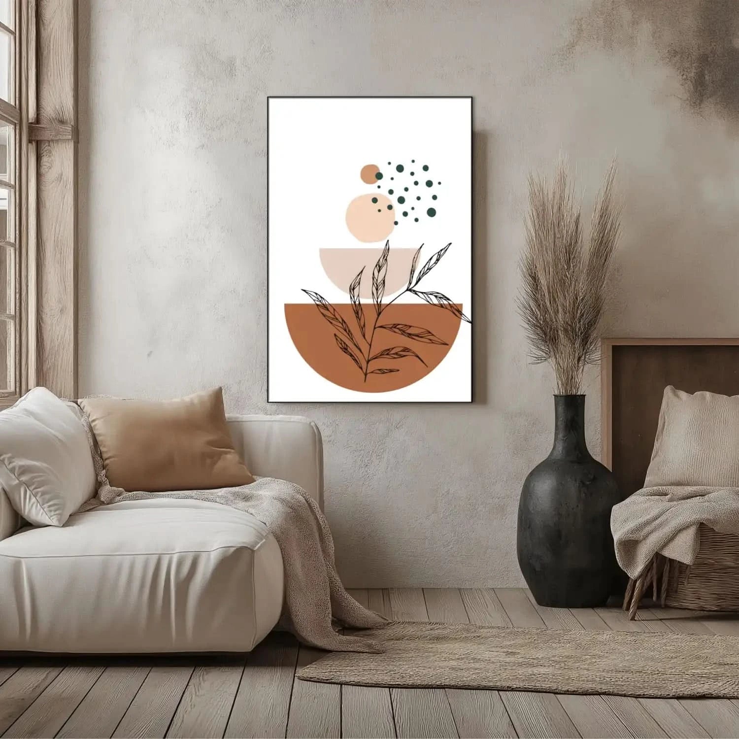 Œuvre minimaliste avec formes géométriques terre cuite et beige, motifs naturels, ambiance sereine pour salon moderne.