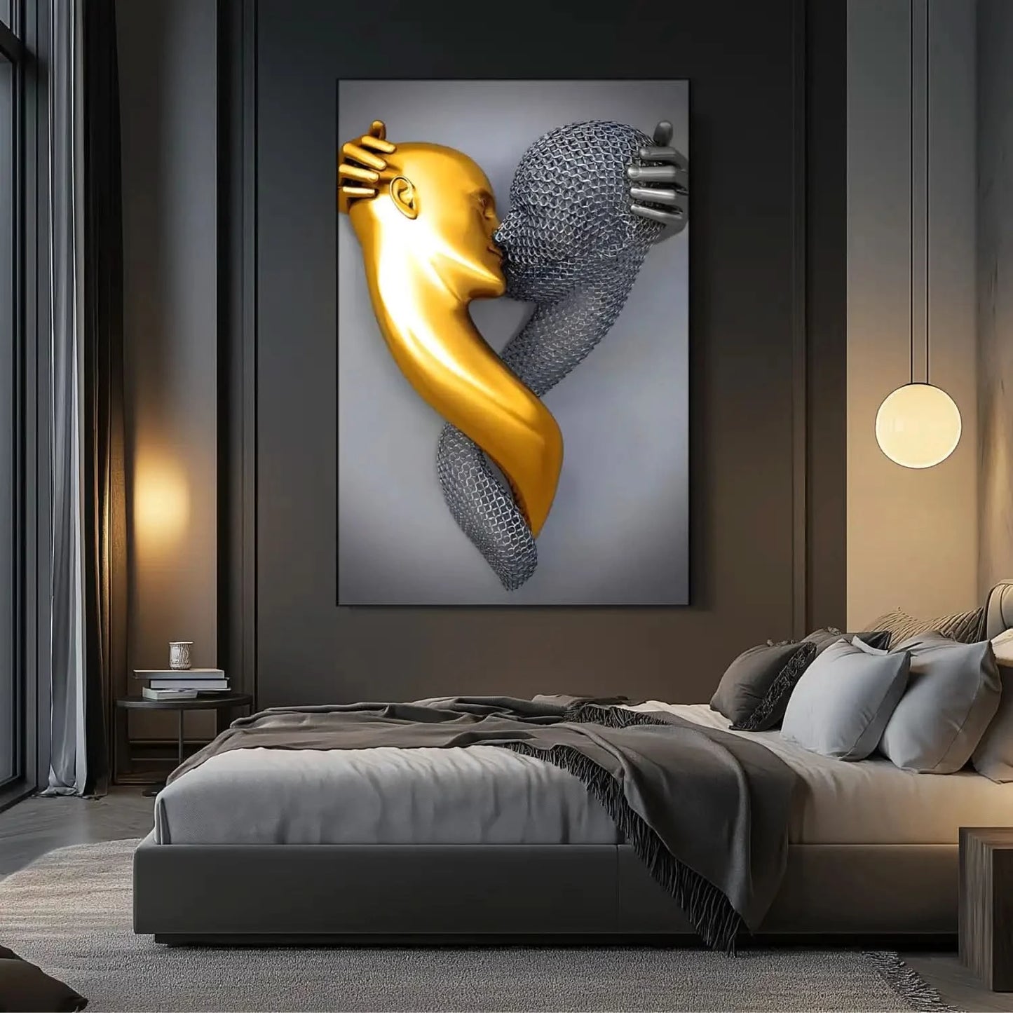 Deux visages entrelacés, l'un doré et l'autre en maille argentée, créant une ambiance mystérieuse et moderne pour salon ou bureau.