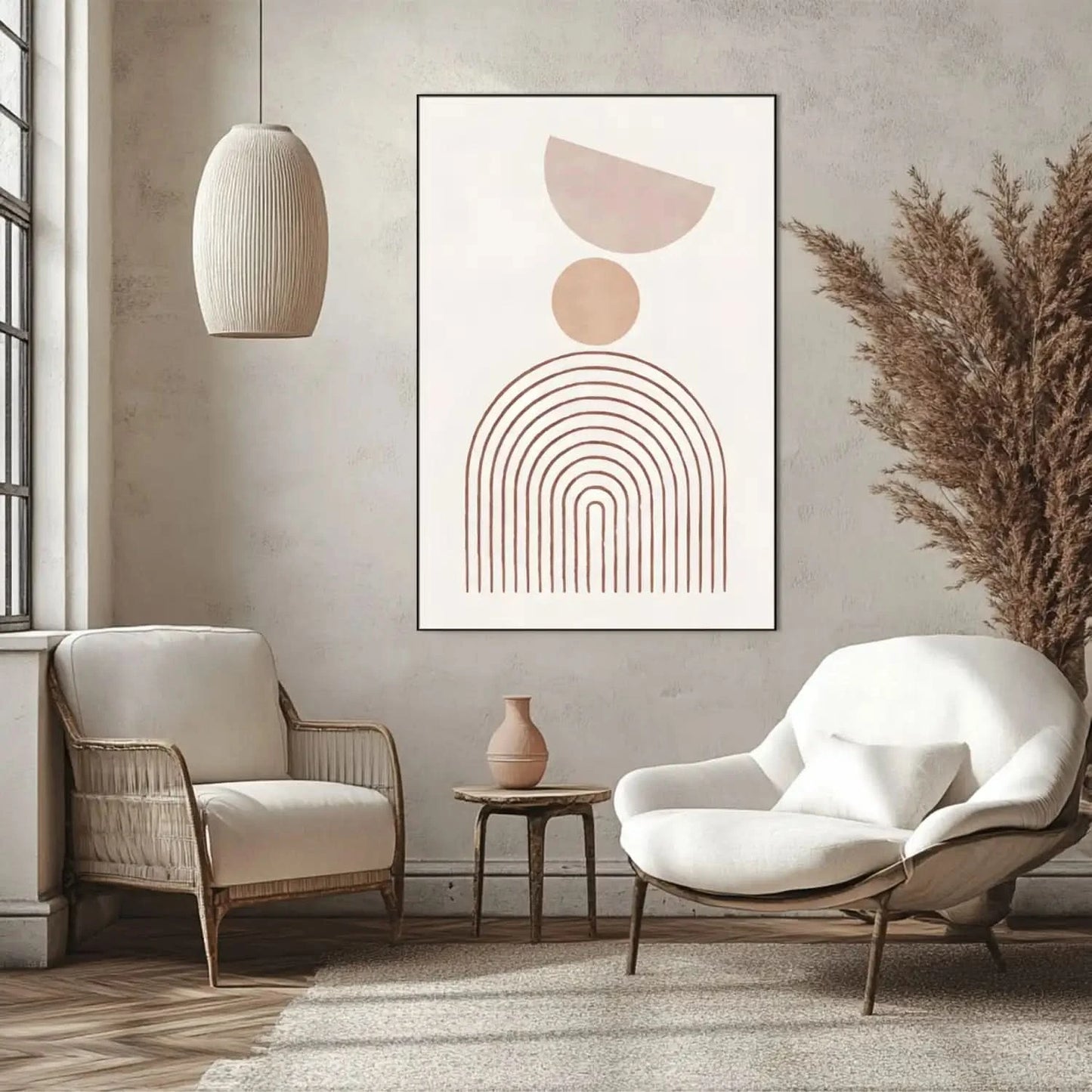 Œuvre minimaliste avec formes géométriques en beige, ambiance sereine et équilibrée, idéale pour salon ou bureau moderne.
