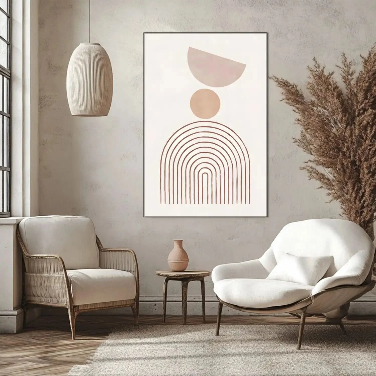 Œuvre minimaliste avec formes géométriques en beige, ambiance sereine et équilibrée, idéale pour salon ou bureau moderne.