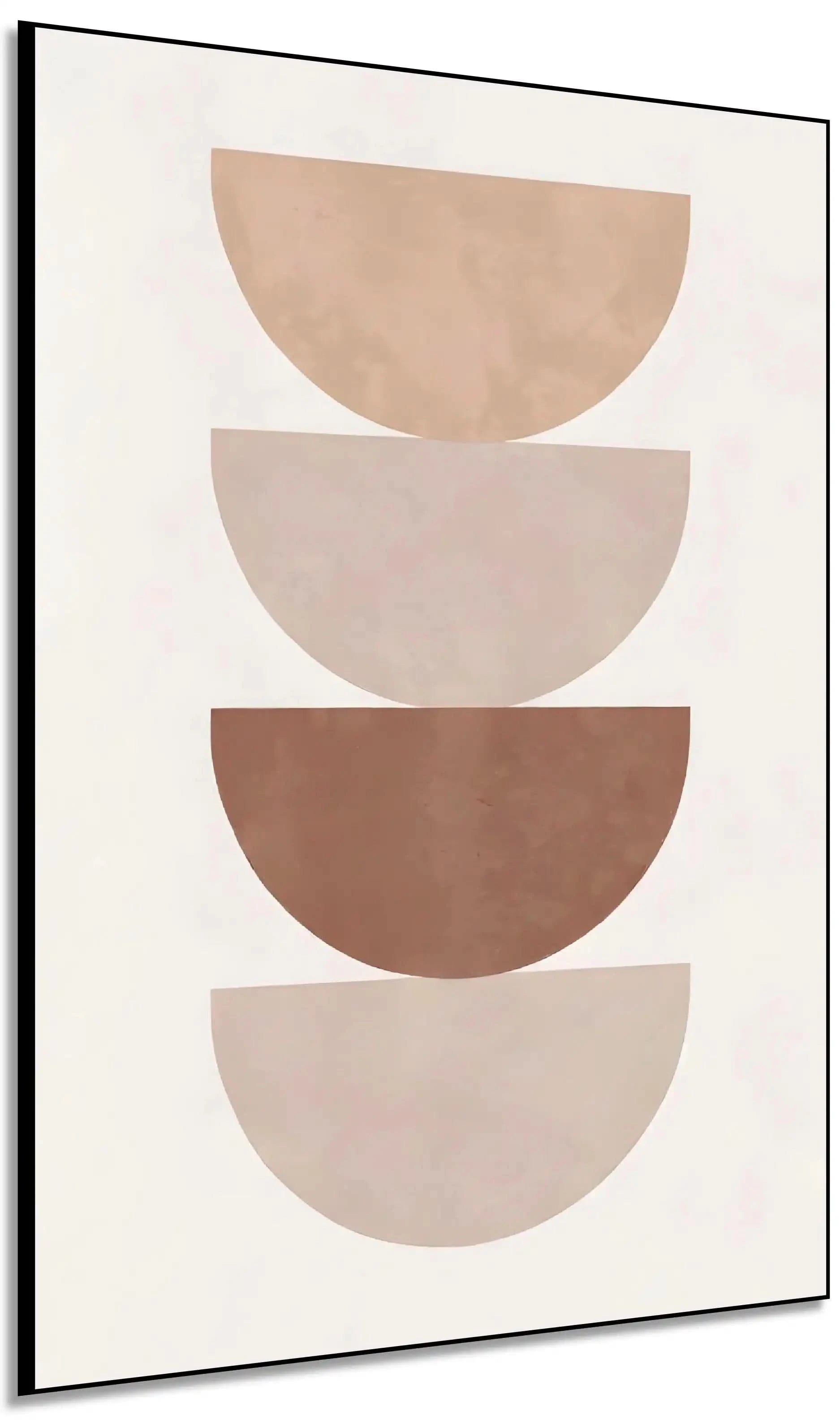 Œuvre minimaliste avec demi-cercles beige et marron, ambiance sereine et élégante pour salon ou bureau moderne.