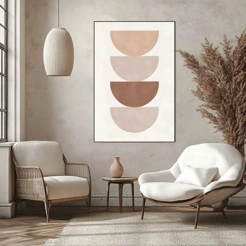Œuvre minimaliste avec demi-cercles beige et marron, ambiance sereine et élégante pour salon ou bureau moderne.