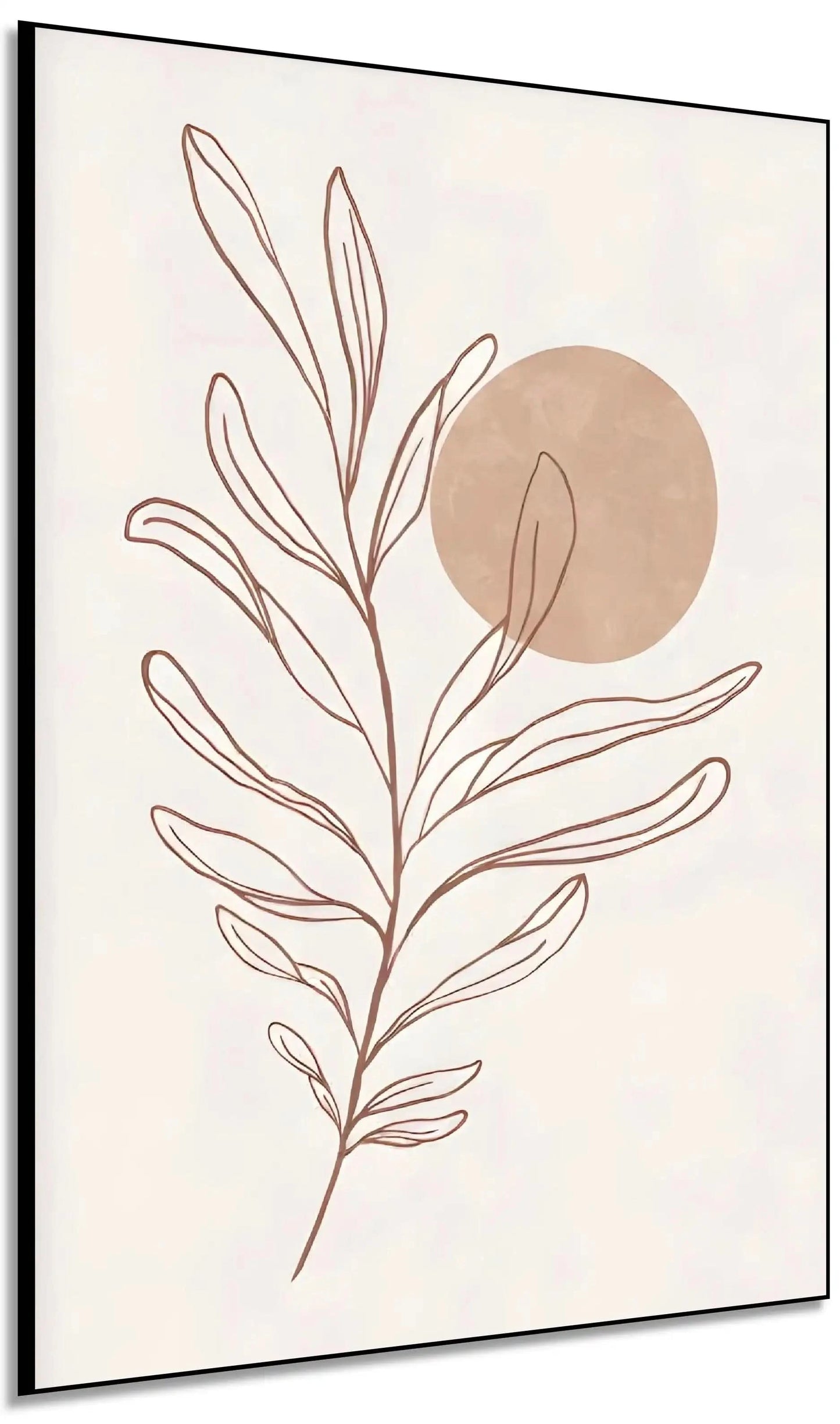Tableau minimaliste avec branche en brun terreux et cercle beige, ambiance zen et naturelle pour salon ou chambre moderne.