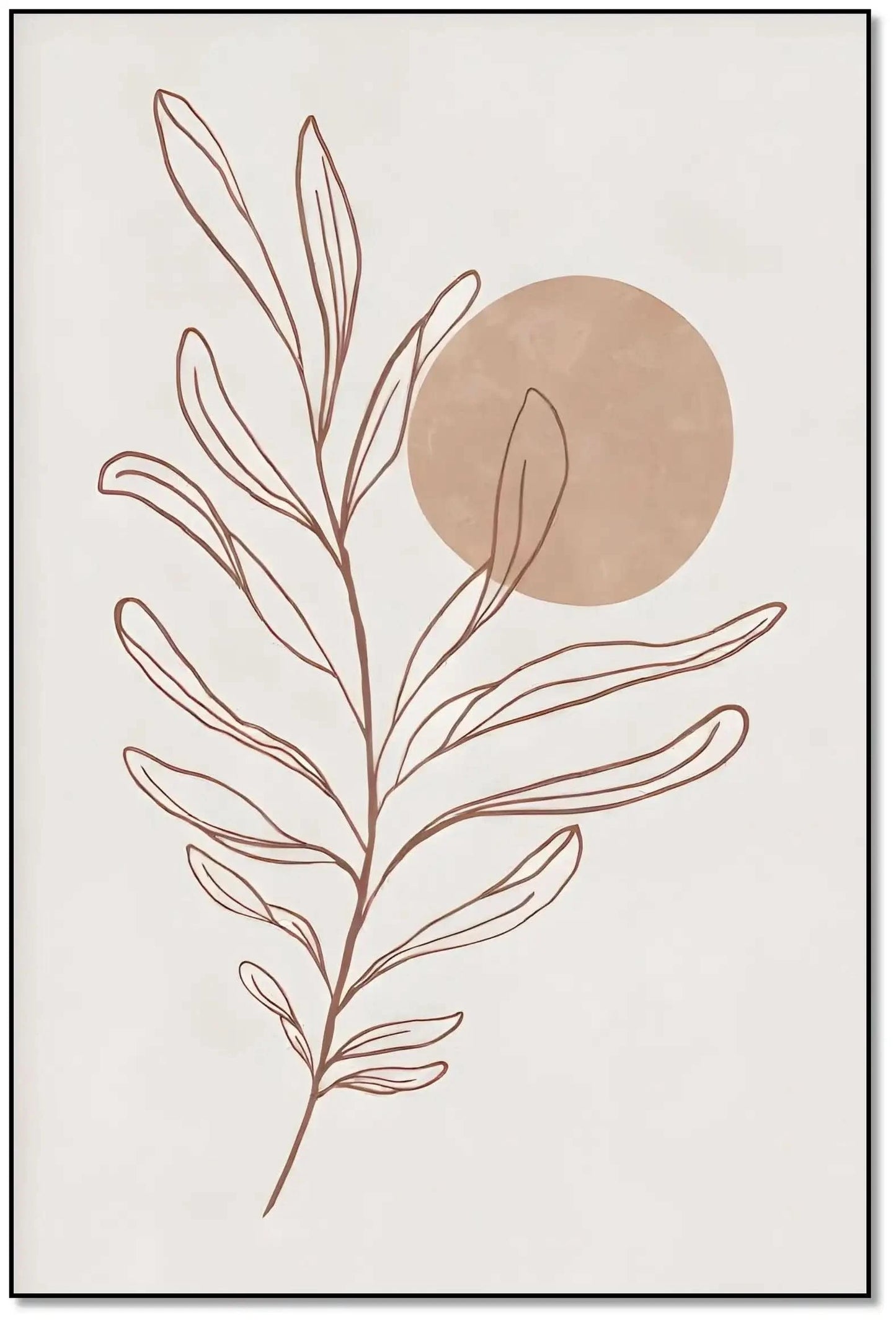 Tableau minimaliste avec branche en brun terreux et cercle beige, ambiance zen et naturelle pour salon ou chambre moderne.