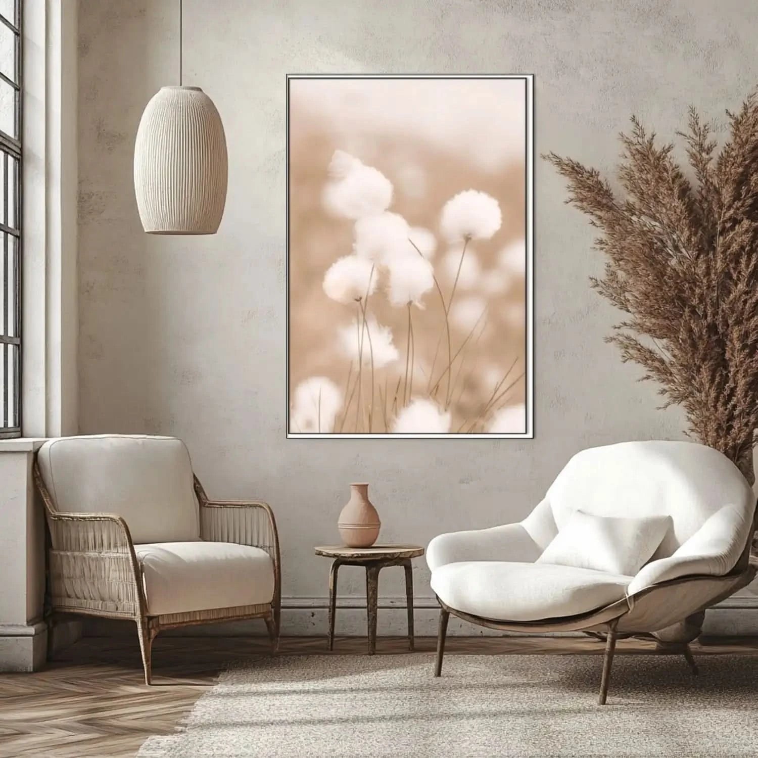 Fleurs de coton en flou artistique, tons beiges et blancs, ambiance zen et apaisante pour chambre ou salon.
