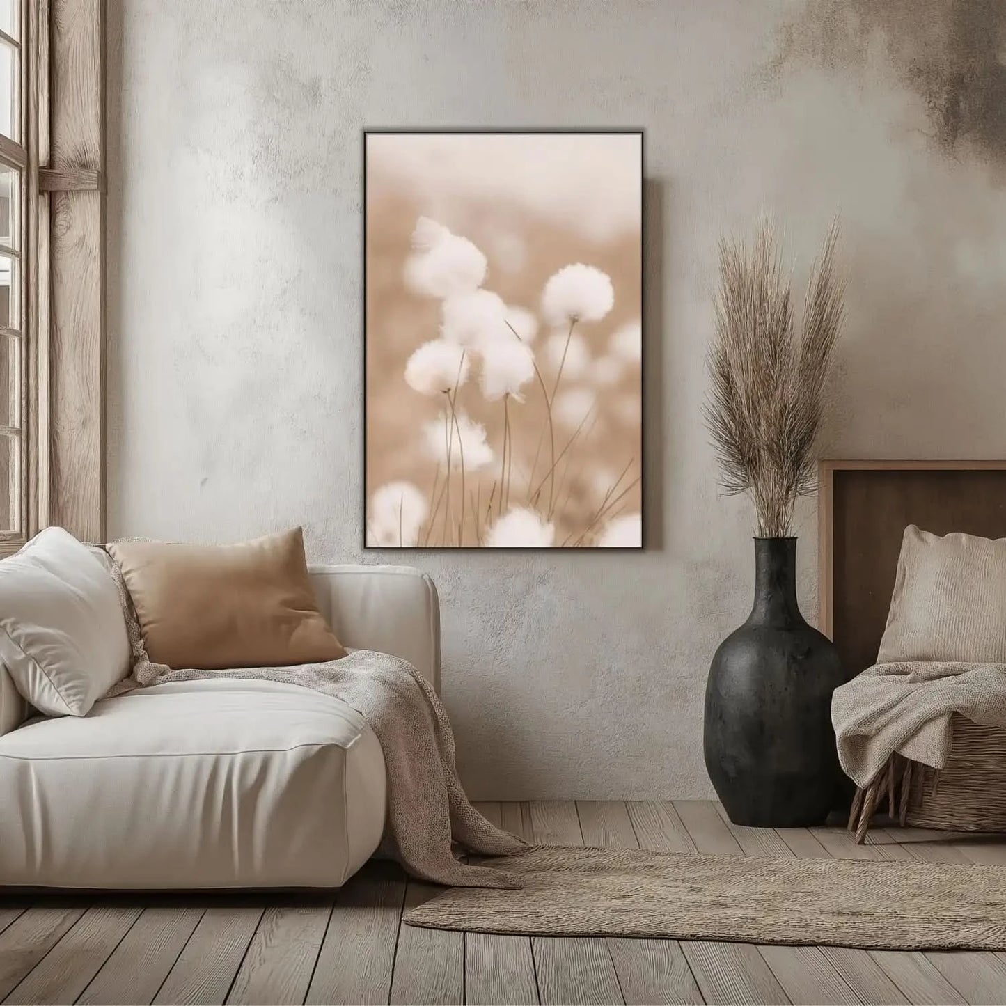 Fleurs de coton en flou artistique, tons beiges et blancs, ambiance zen et apaisante pour chambre ou salon.