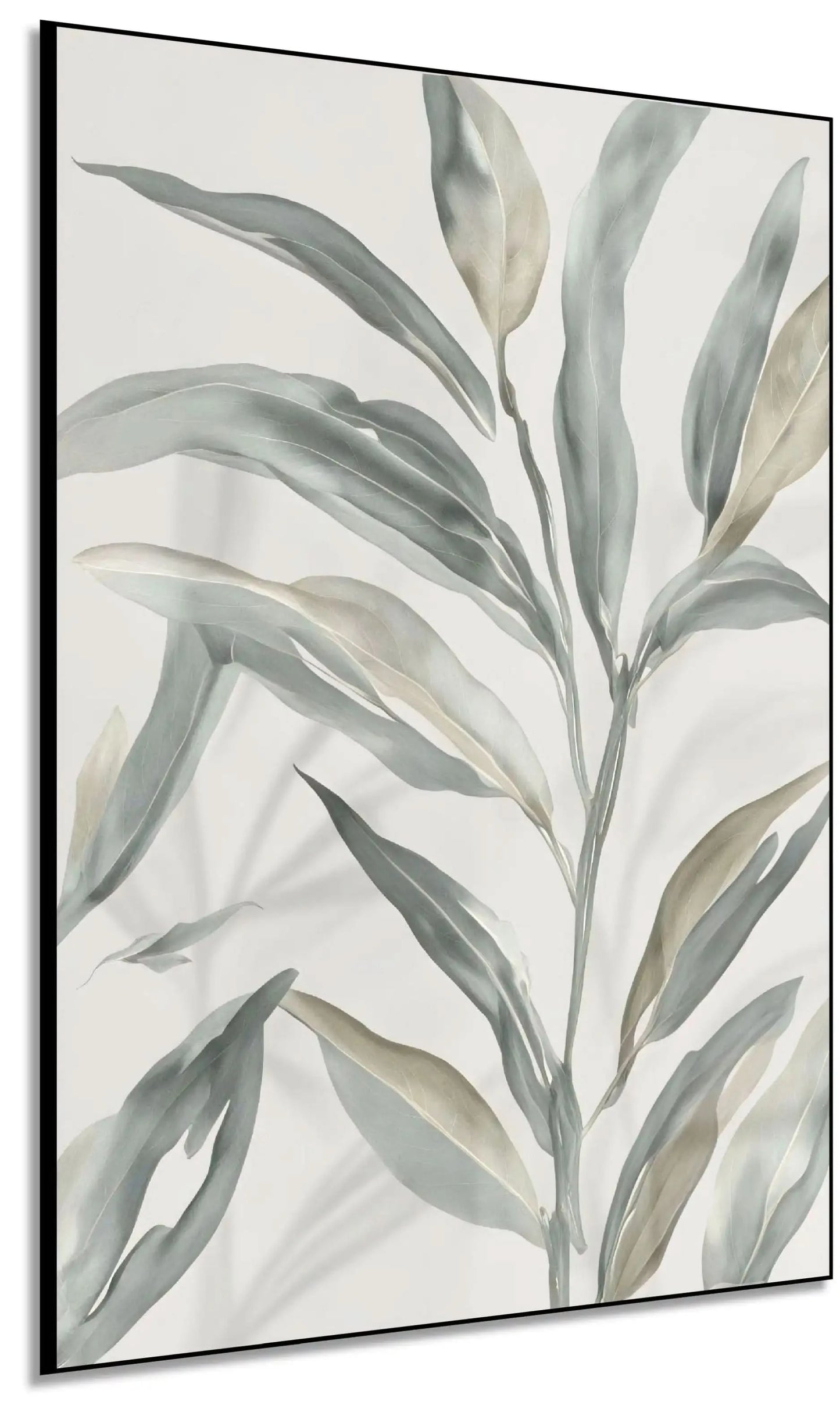 Peinture minimaliste avec feuilles grises et beiges sur fond blanc, ambiance zen et apaisante pour salon ou chambre moderne.
