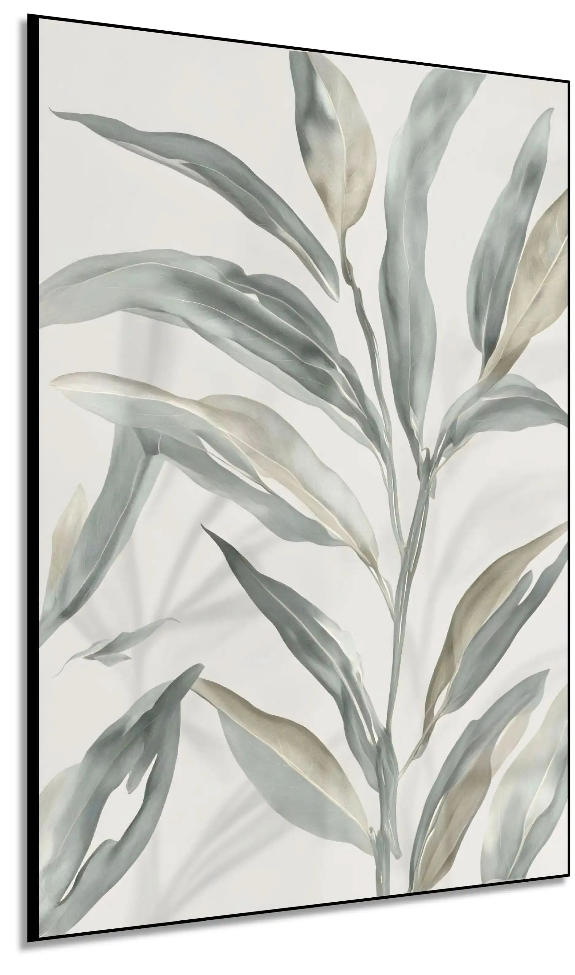 Peinture minimaliste avec feuilles grises et beiges sur fond blanc, ambiance zen et apaisante pour salon ou chambre moderne.