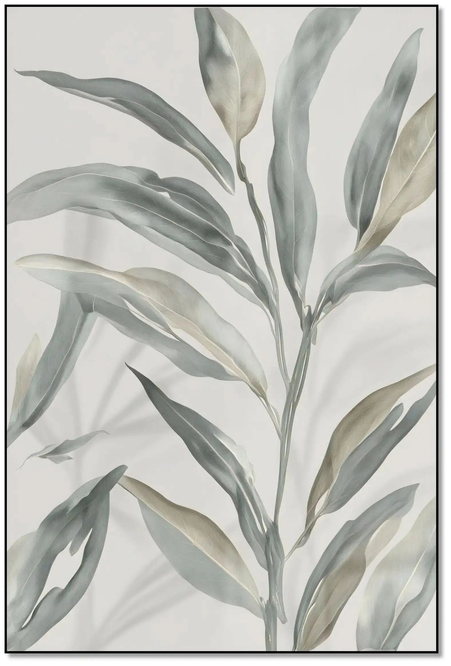 Peinture minimaliste avec feuilles grises et beiges sur fond blanc, ambiance zen et apaisante pour salon ou chambre moderne.