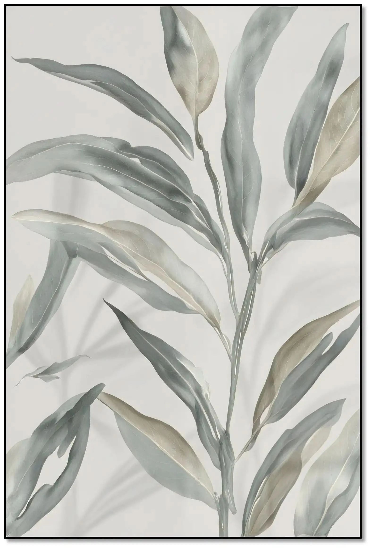 Peinture minimaliste avec feuilles grises et beiges sur fond blanc, ambiance zen et apaisante pour salon ou chambre moderne.