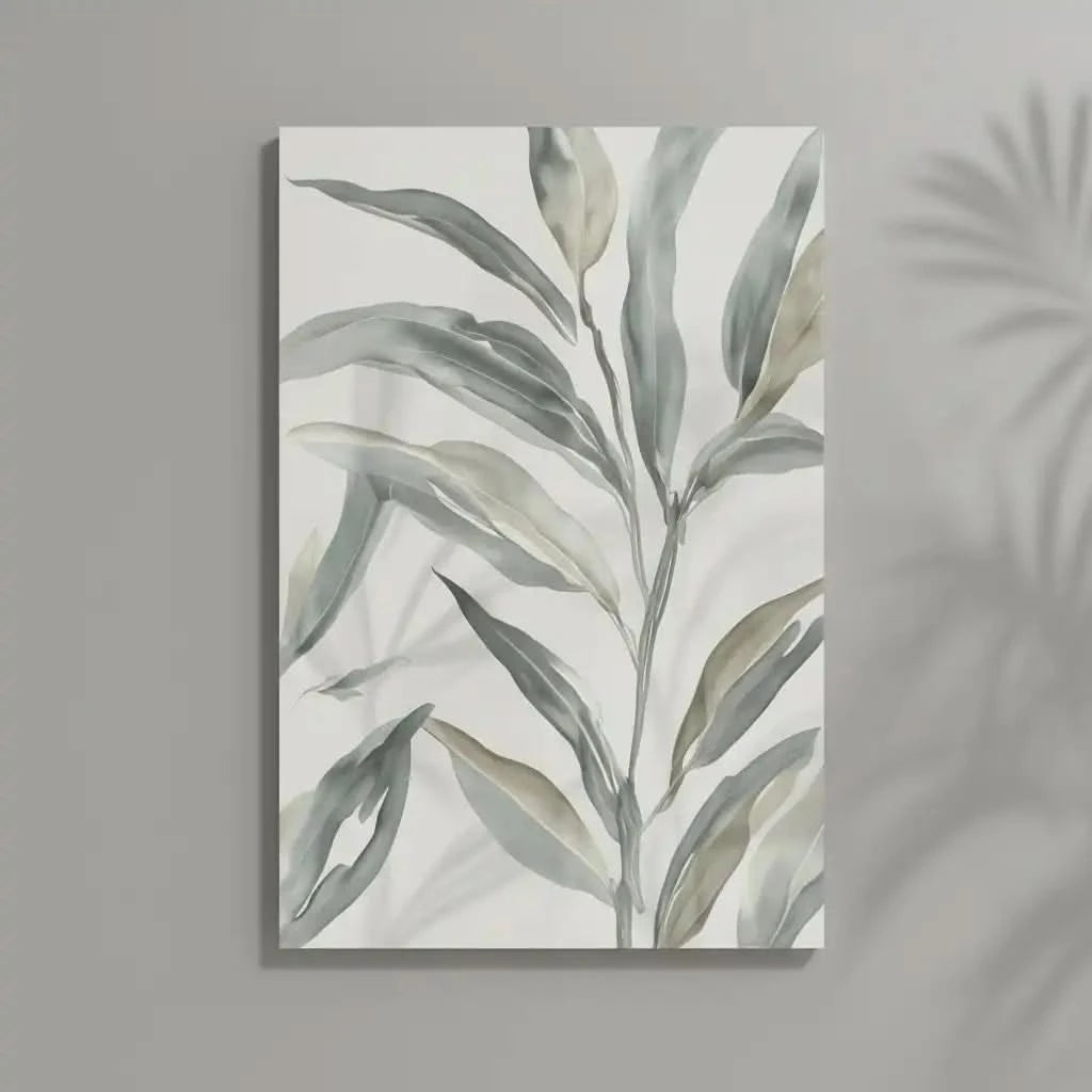 Peinture minimaliste avec feuilles grises et beiges sur fond blanc, ambiance zen et apaisante pour salon ou chambre moderne.