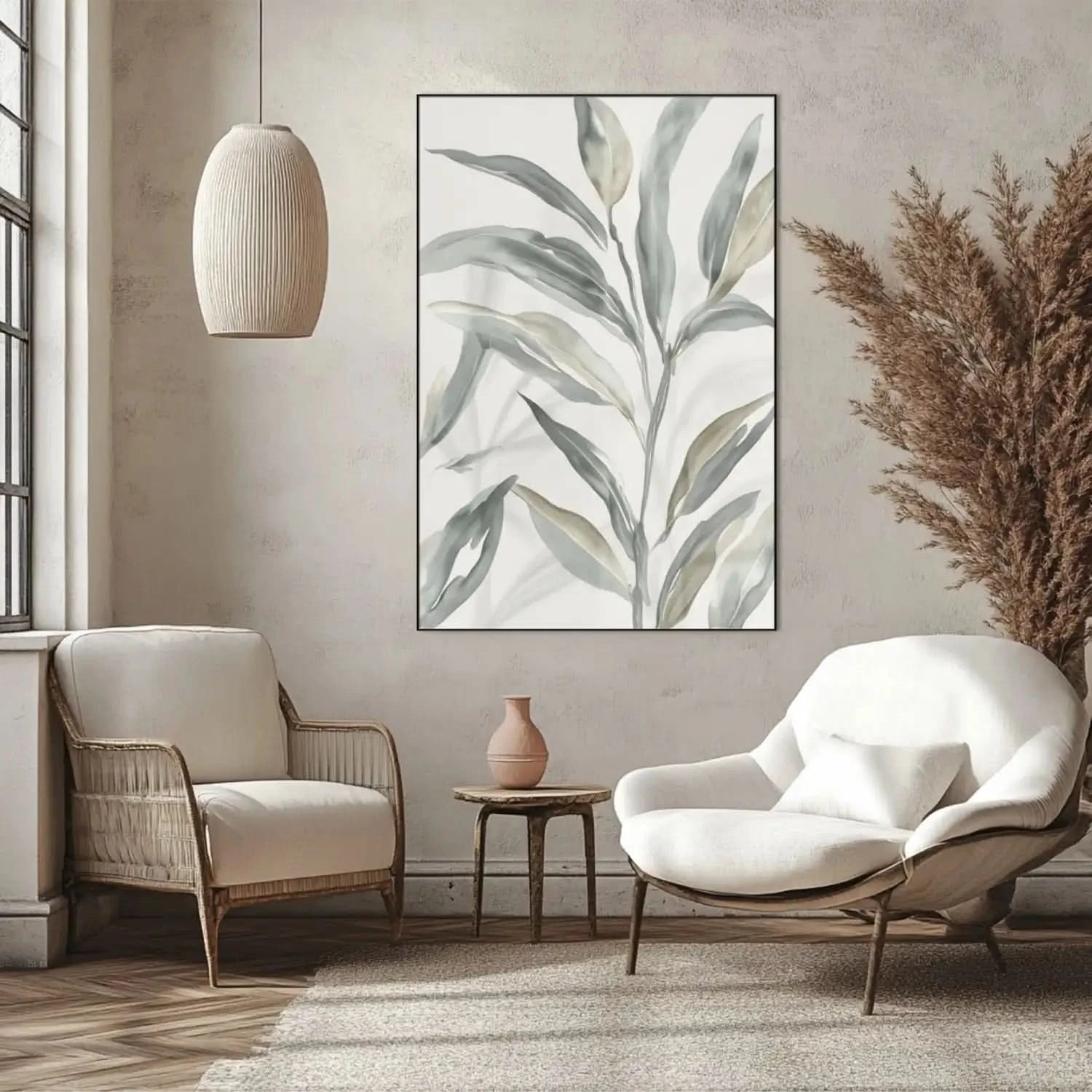 Peinture minimaliste avec feuilles grises et beiges sur fond blanc, ambiance zen et apaisante pour salon ou chambre moderne.