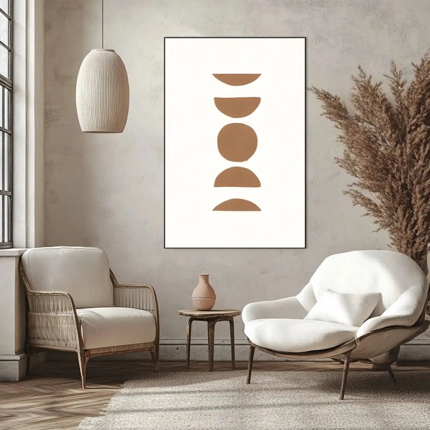 Peinture minimaliste avec formes géométriques brunes sur fond blanc, ambiance zen et équilibrée pour salon ou bureau moderne.
