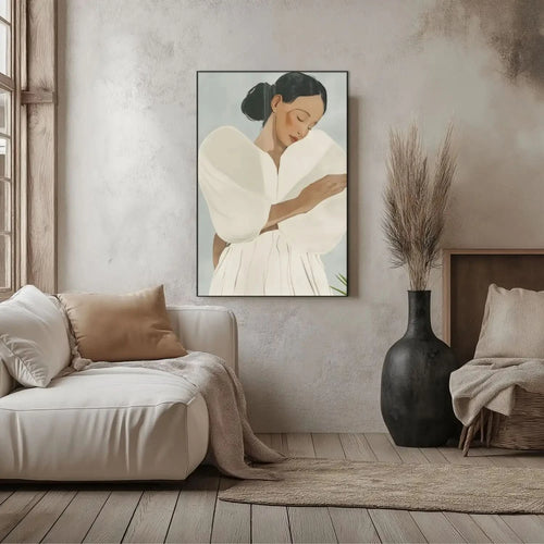 Portrait féminin aux tons doux et blancs, ambiance sereine et élégante, idéal pour chambre ou salon zen.