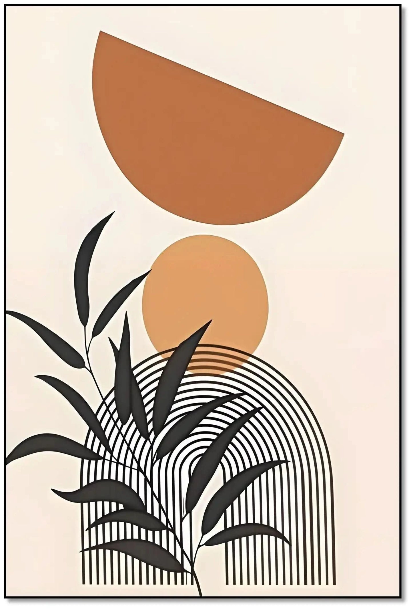 Œuvre minimaliste avec formes géométriques en tons terreux, lignes noires, ambiance chaleureuse et apaisante pour salon ou bu