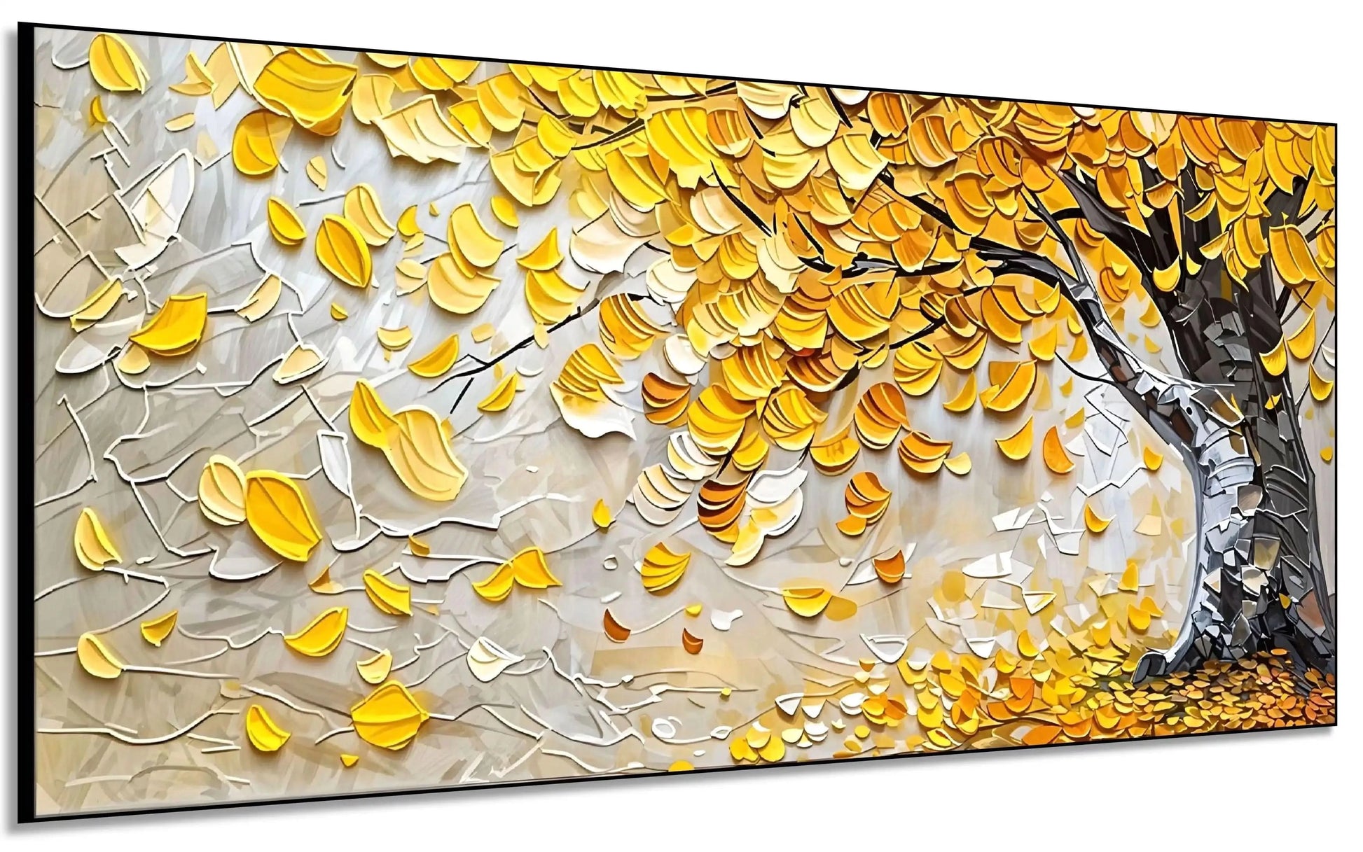 Peinture abstraite d’un arbre doré étincelant sur fond beige et bleu, style mosaïque vibrant, parfaite pour un salon.