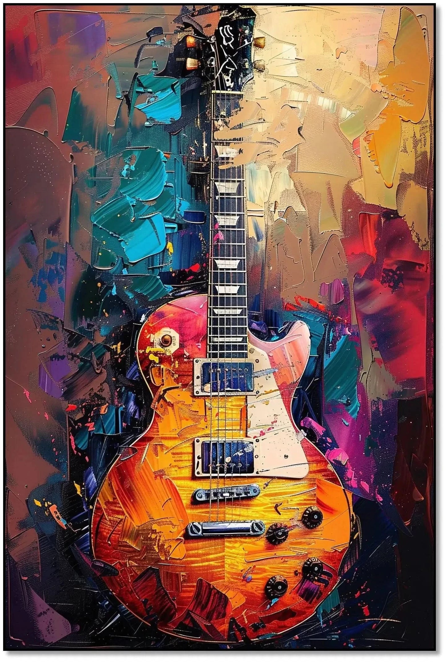 Illustration d'une guitare électrique avec des couleurs vibrantes, apportant une atmosphère dynamique et énergique à la décoration.