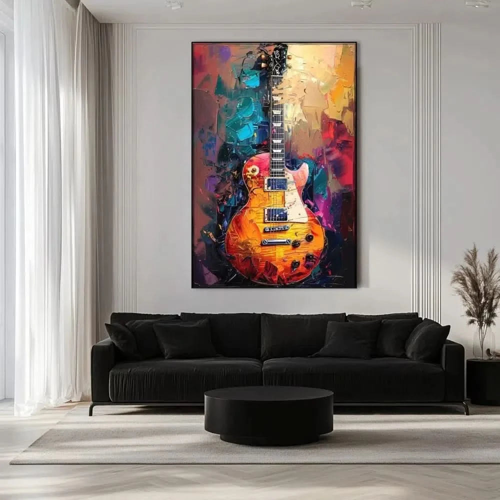 Illustration d'une guitare électrique avec des couleurs vibrantes, apportant une atmosphère dynamique et énergique à la décoration.