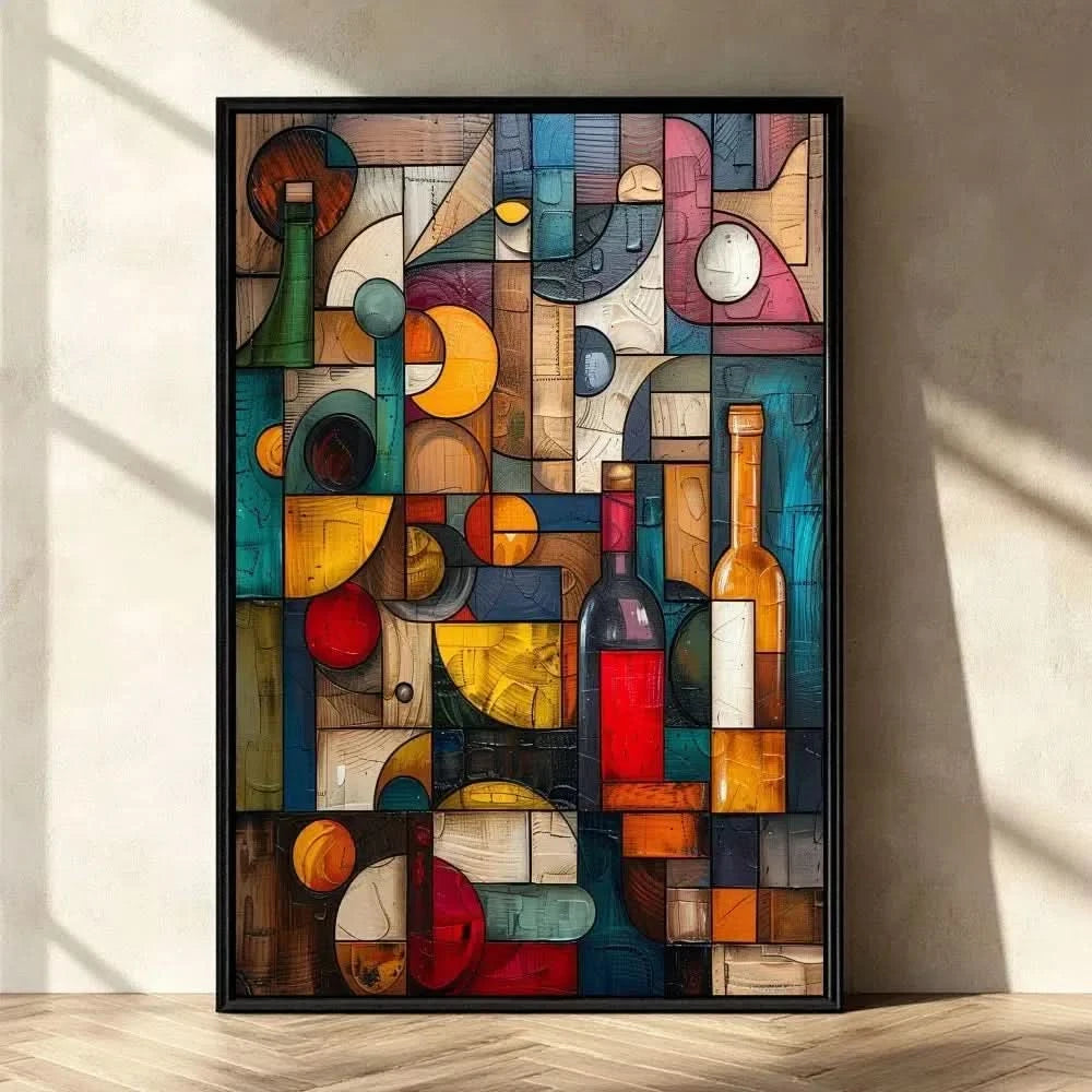 Illustration d’une composition géométrique avec des bouteilles de vin et des couleurs vibrantes, apportant une touche d’élégance.
