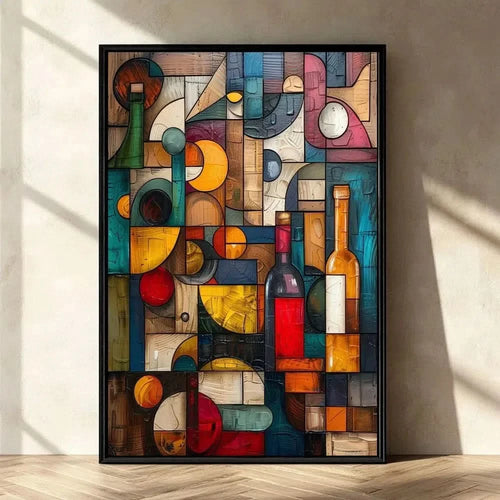 Illustration d’une composition géométrique avec des bouteilles de vin et des couleurs vibrantes, apportant une touche d’élégance.