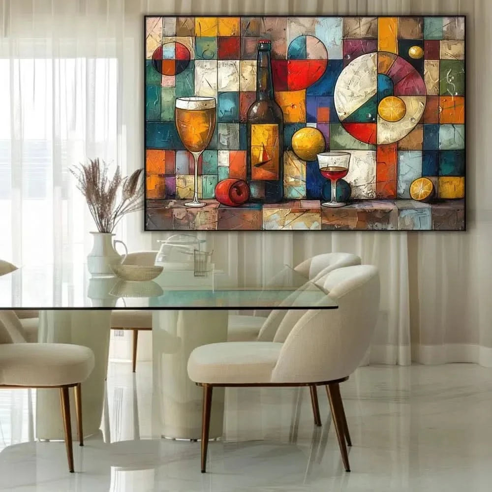 Une composition géométrique colorée avec une bouteille de bière, un verre de vin et des fruits, parfaite pour une cuisine ou un salon.