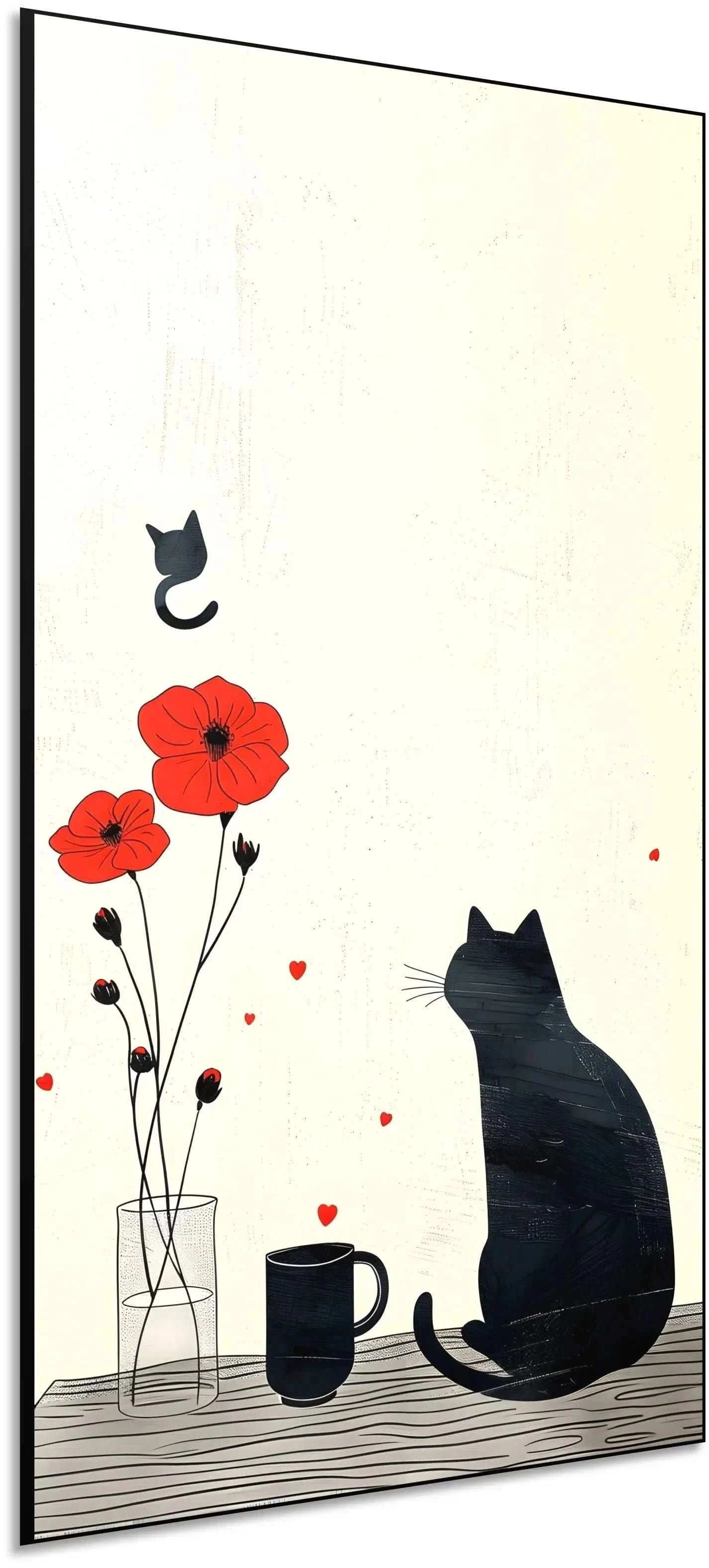 Illustration d'un chat noir observant des fleurs rouges et un autre chat volant, idéale pour une chambre enfantine.