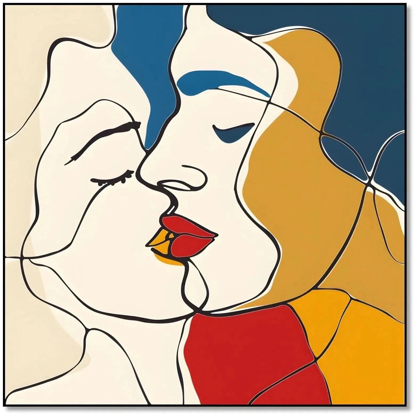 Tableau abstrait représentant deux visages, avec des lignes nettes et des couleurs vibrantes de rouge, jaune et bleu.