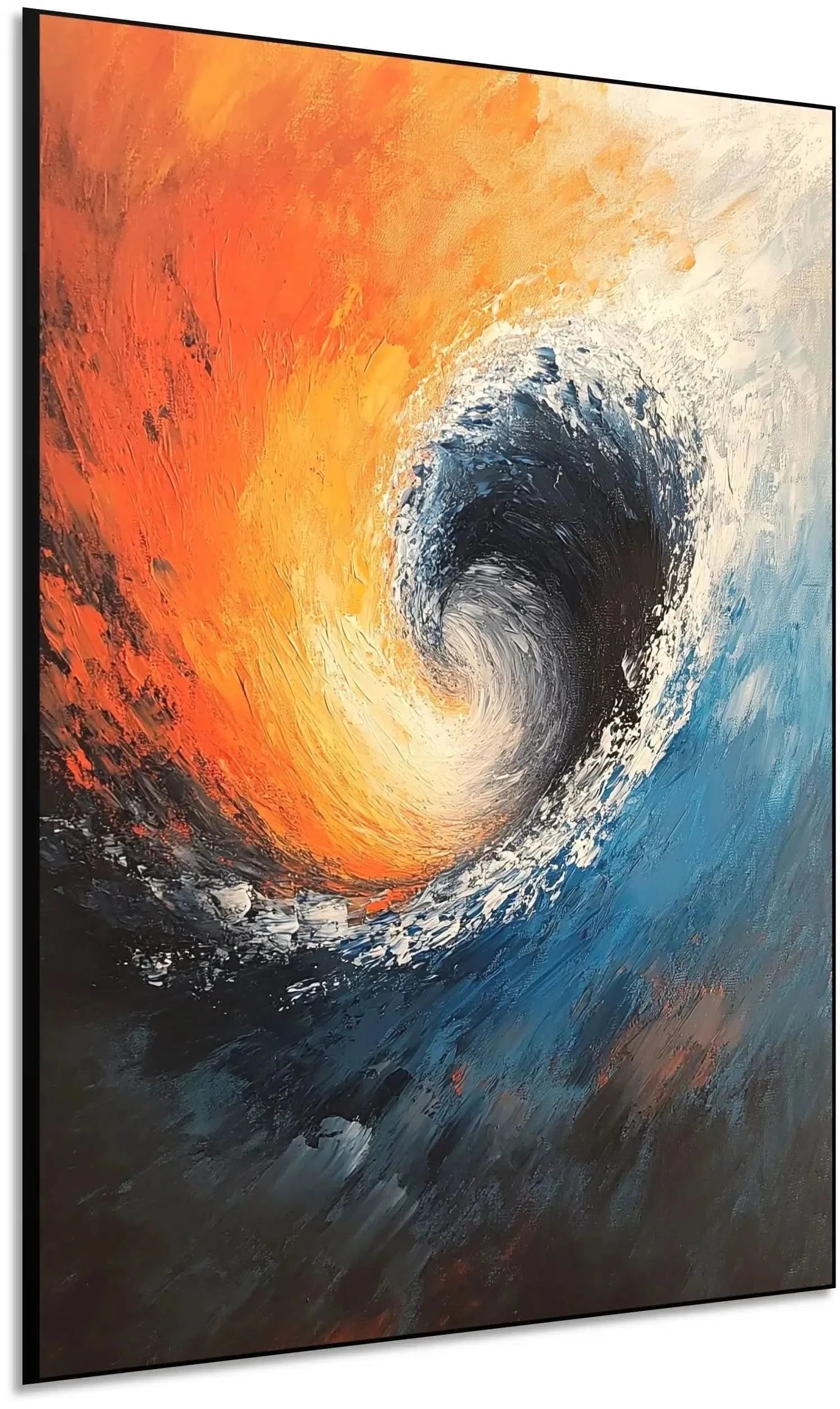 Illustration d’une vague tourbillonnante aux couleurs contrastées, apportant une atmosphère de mouvement et force naturelle à l’espace.