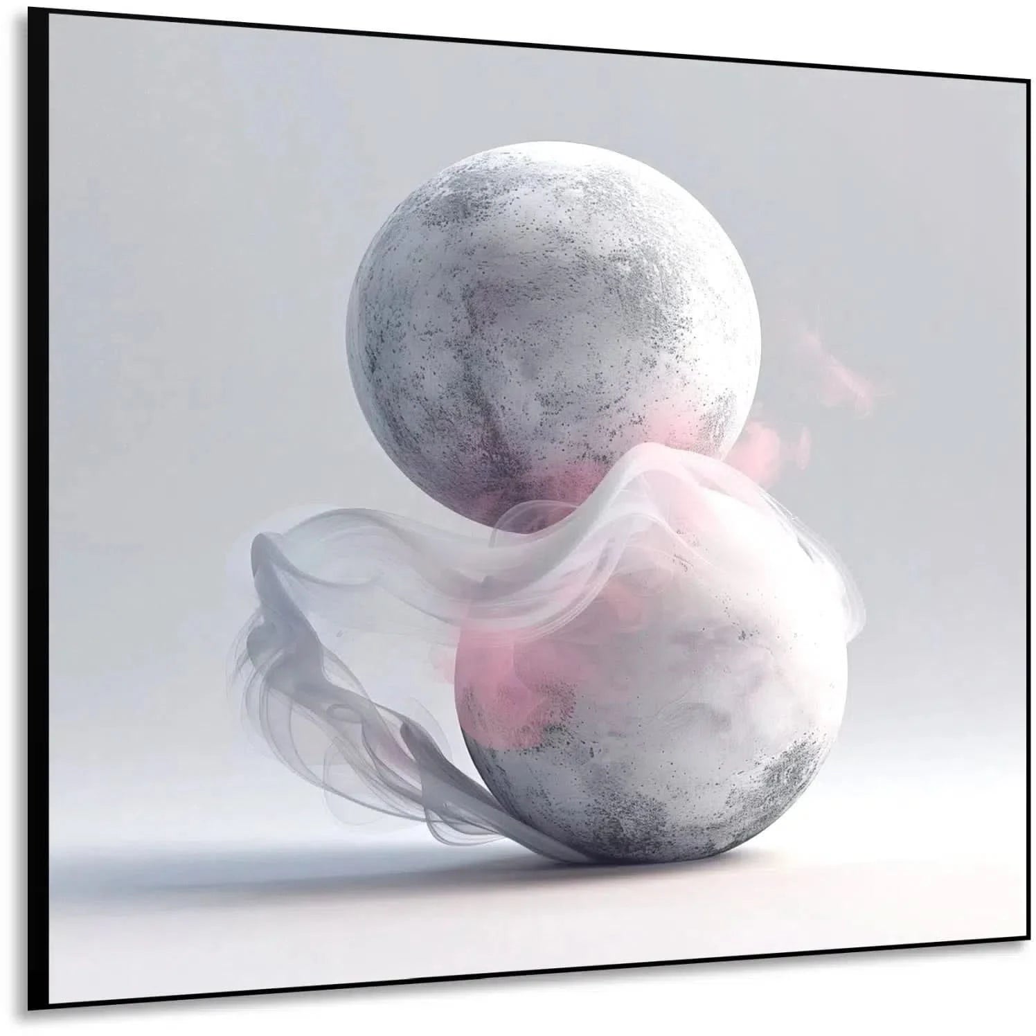 Cette œuvre abstraite présente des sphères flottantes enveloppées de fumée douce, idéale pour des décors modernes.