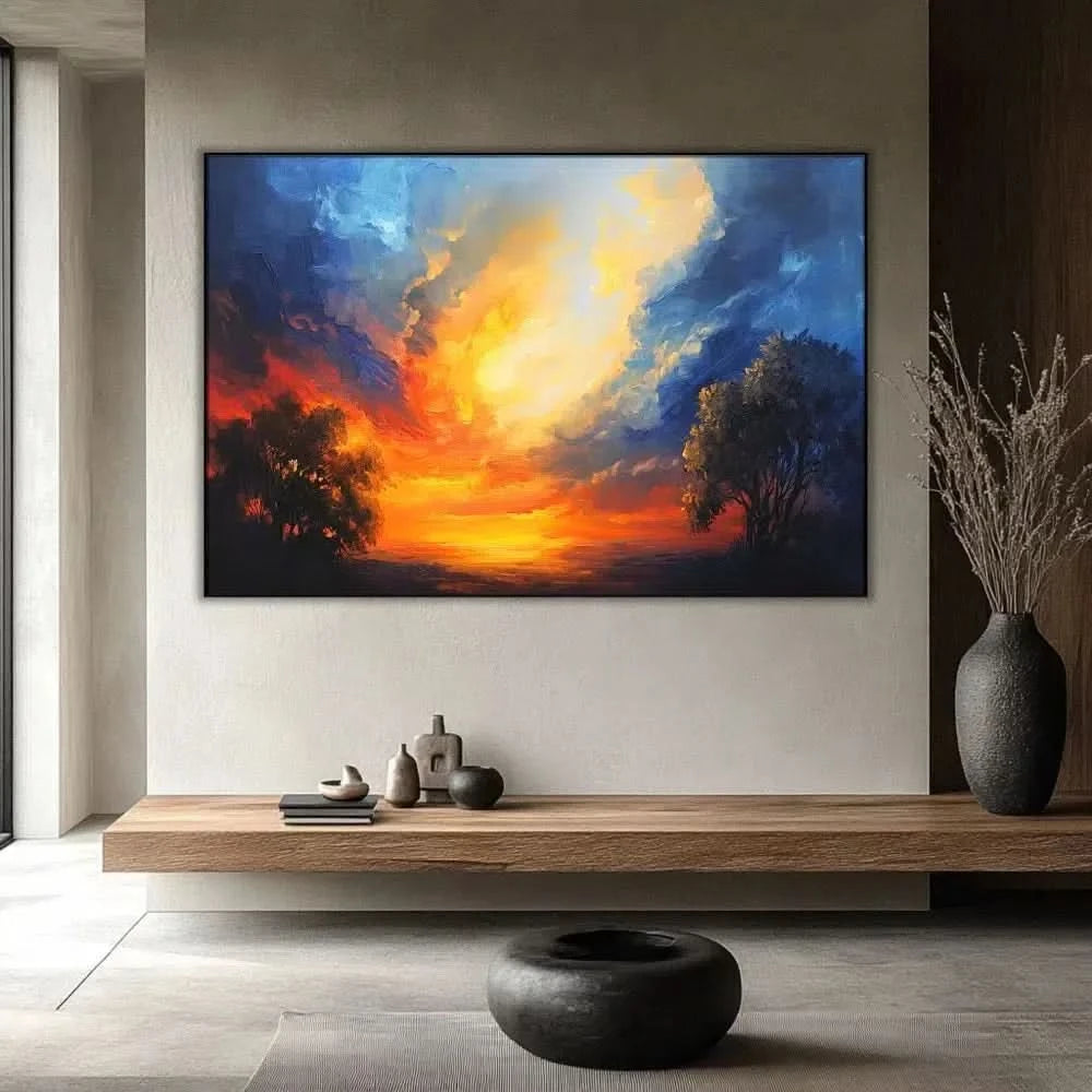 Un paysage captivant d'un ciel vibrant aux couleurs chaudes et froides, créant une atmosphère sereine, idéal pour une chambre ou un salon.