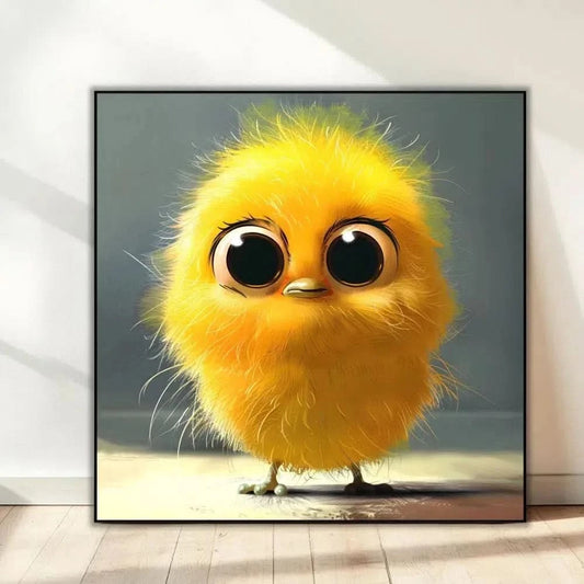 Petit oiseau jaune aux grands yeux, mignon et doux, parfait pour une décoration pleine de charme.