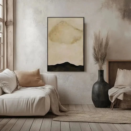Tableau minimaliste en beige et noir avec horizon abstrait. Atmosphère sereine, idéal pour un salon moderne.