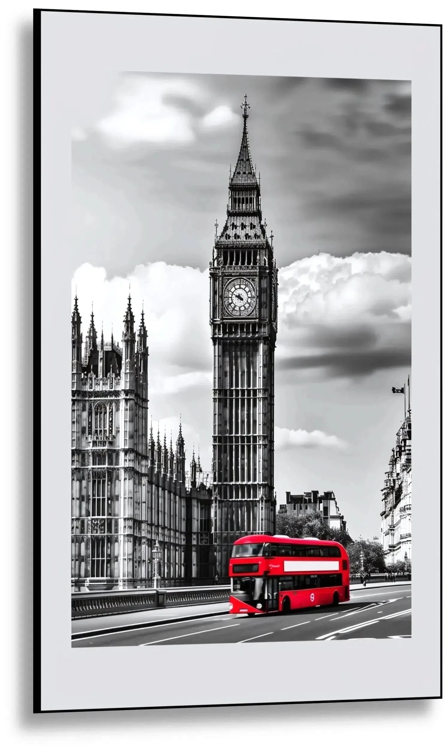 Big Ben et un bus à impériale rouge dans une scène noire et blanche, symbolisant l'énergie et la modernité de Londres, parfaite pour une décoration urbaine.