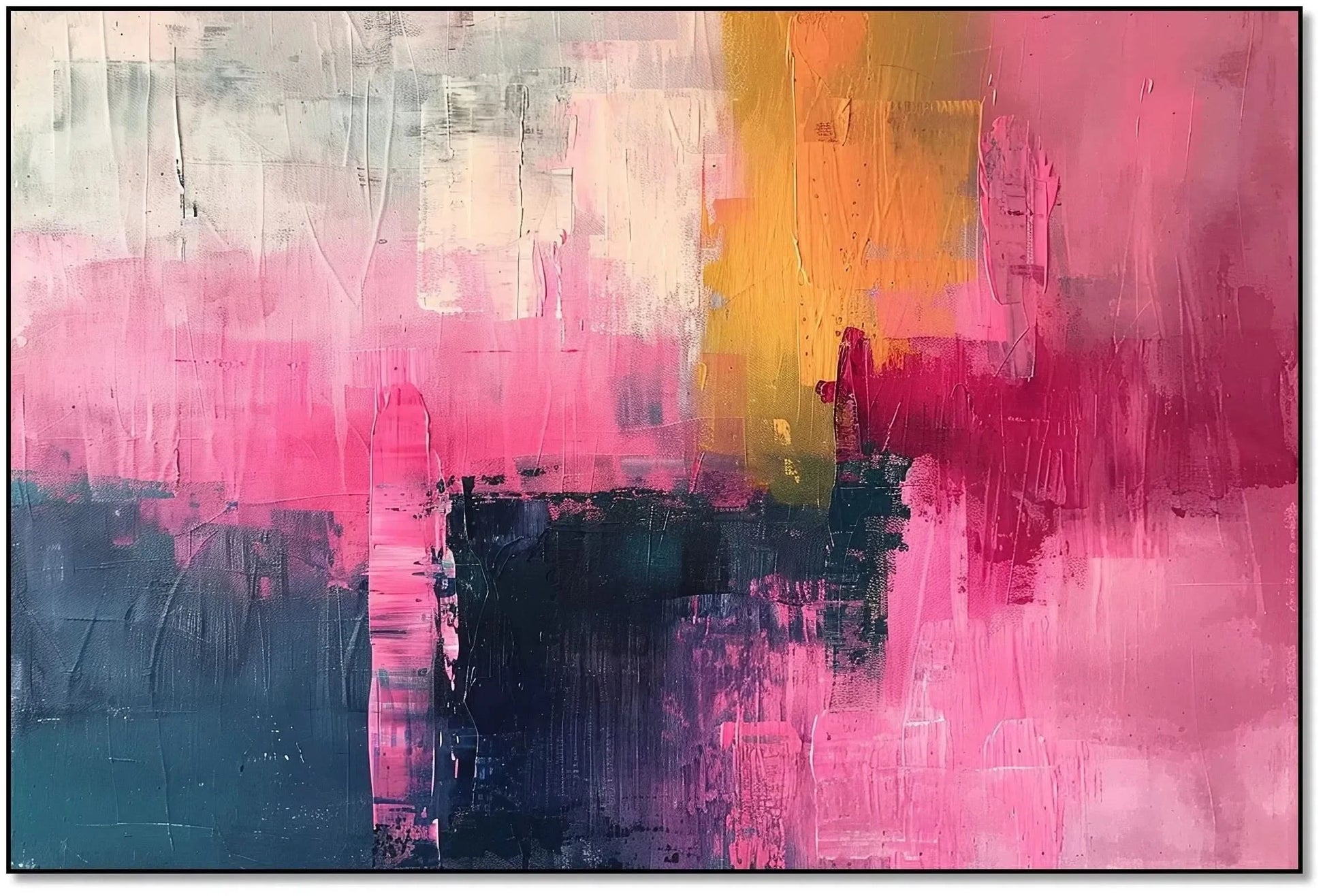 Un tableau abstrait où des teintes douces de rose, jaune et bleu se mélangent harmonieusement, créant une ambiance de sérénité.