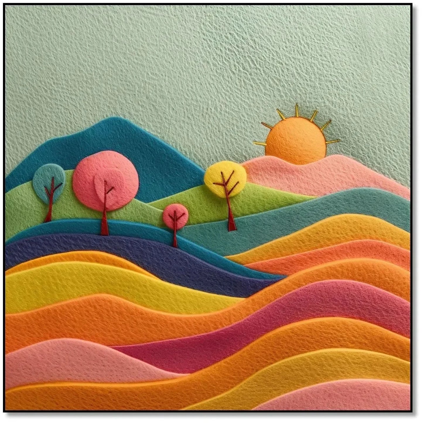 Illustration vibrante de collines colorées et d'un soleil radieux, ajoutant une touche d'énergie et de chaleur à la décoration intérieure.