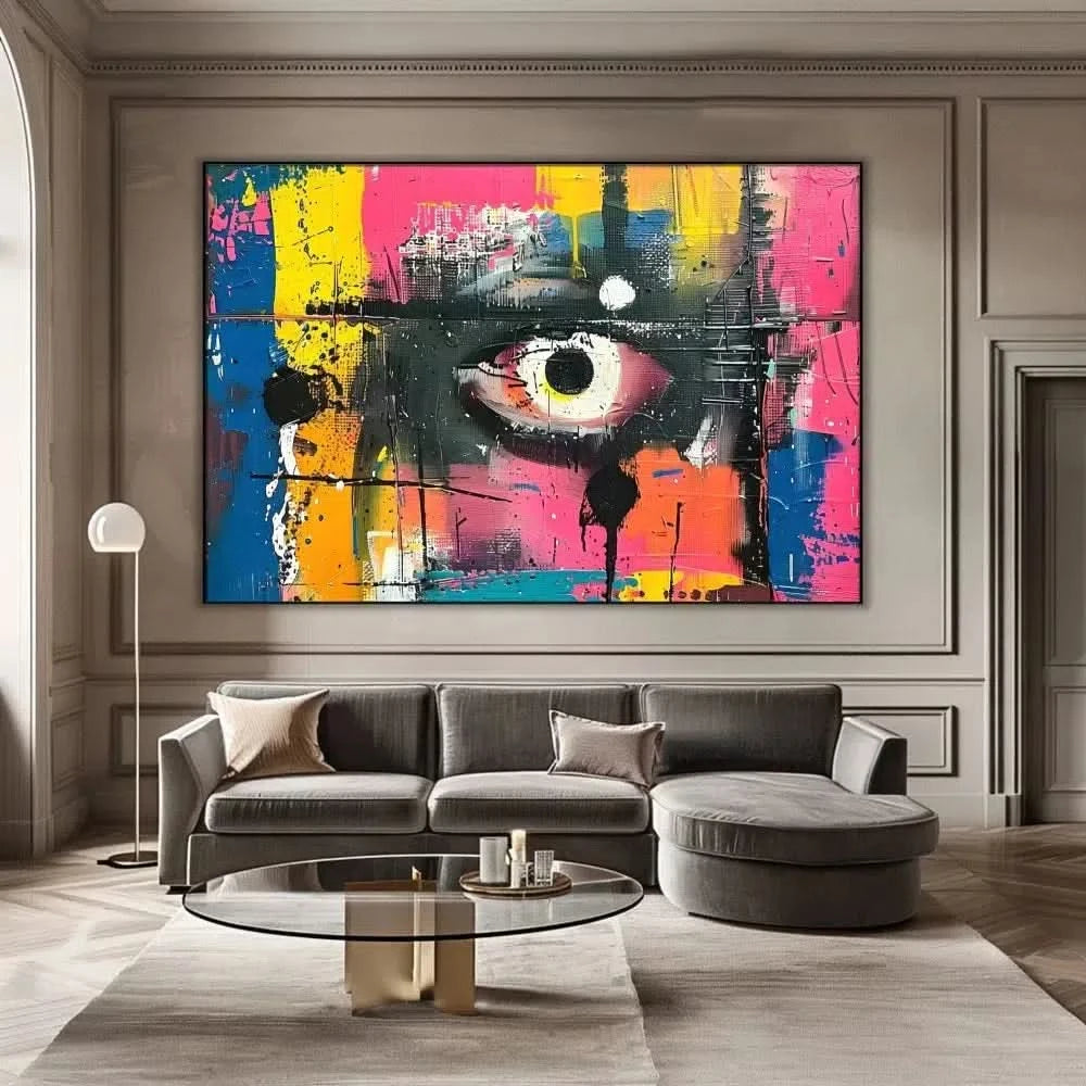 Œil abstrait avec des couleurs vives de bleu, jaune et rose, évoquant passion et mystère, parfait pour les salons modernes et un décor contemporain