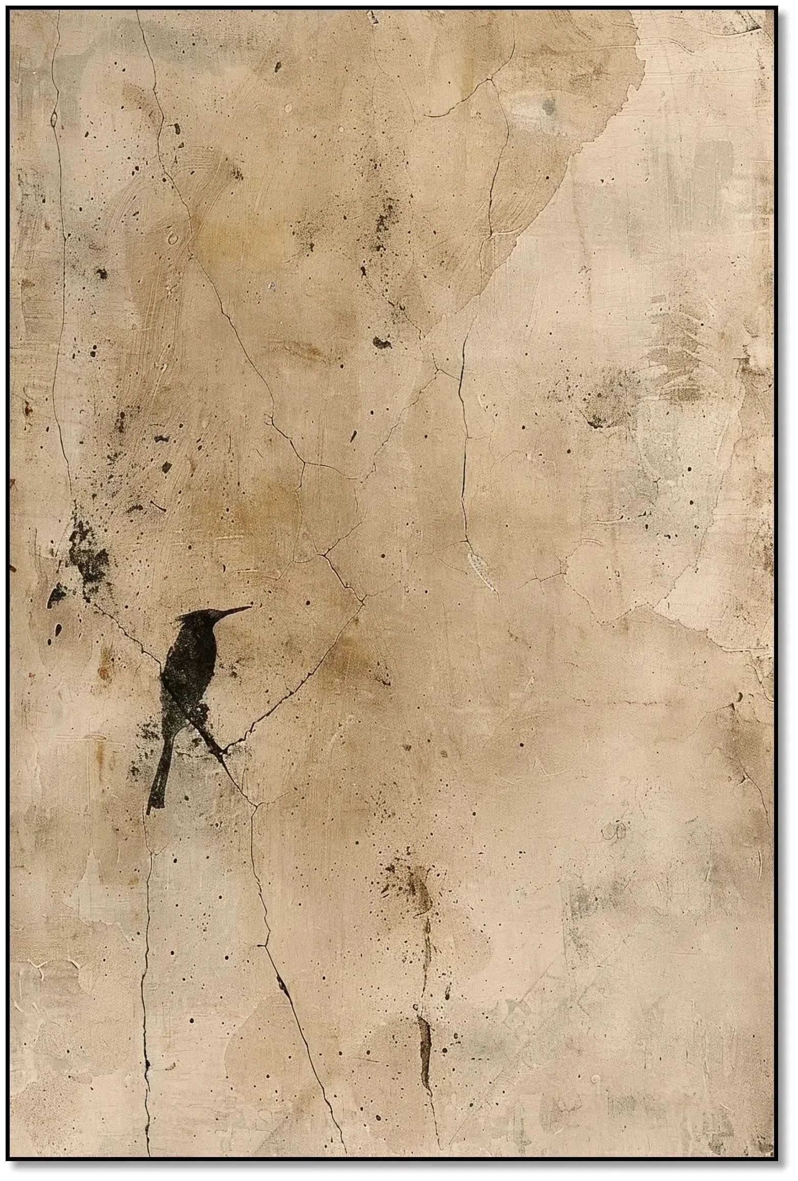 Peinture abstraite avec des fissures et un oiseau en noir, créant une ambiance mystérieuse pour un salon.