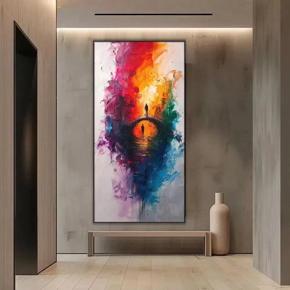 Un pont vibrant traversé par deux silhouettes humaines, entourées d'une explosion de couleurs intenses et expressives.