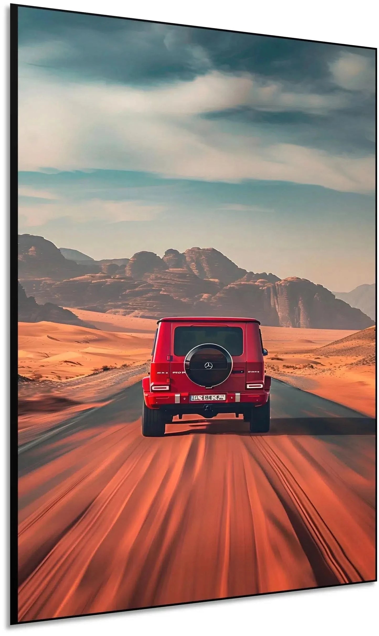 Photographie d'un voiture rouge roulant sur une route désertique, avec un paysage de montagnes lointaines, créant une ambiance d'aventure.