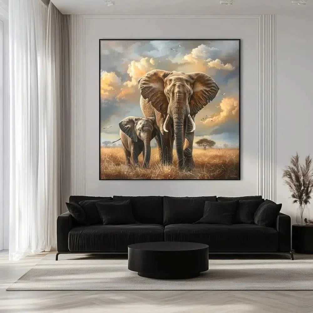 Illustration de deux éléphants traversant la savane, une scène puissante et impressionnante remplie de majesté.
