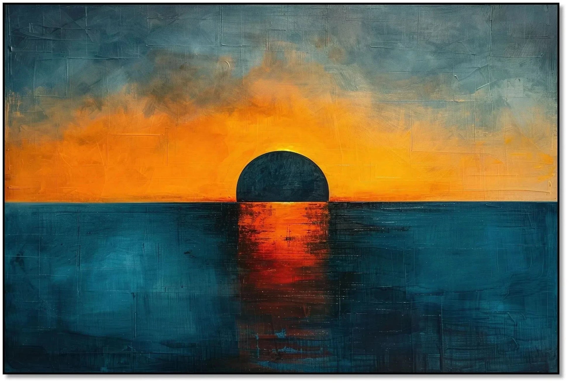 Un coucher de soleil dramatique avec un ciel aux couleurs chaudes, se reflétant sur l'eau calme, parfait pour une chambre ou un salon.