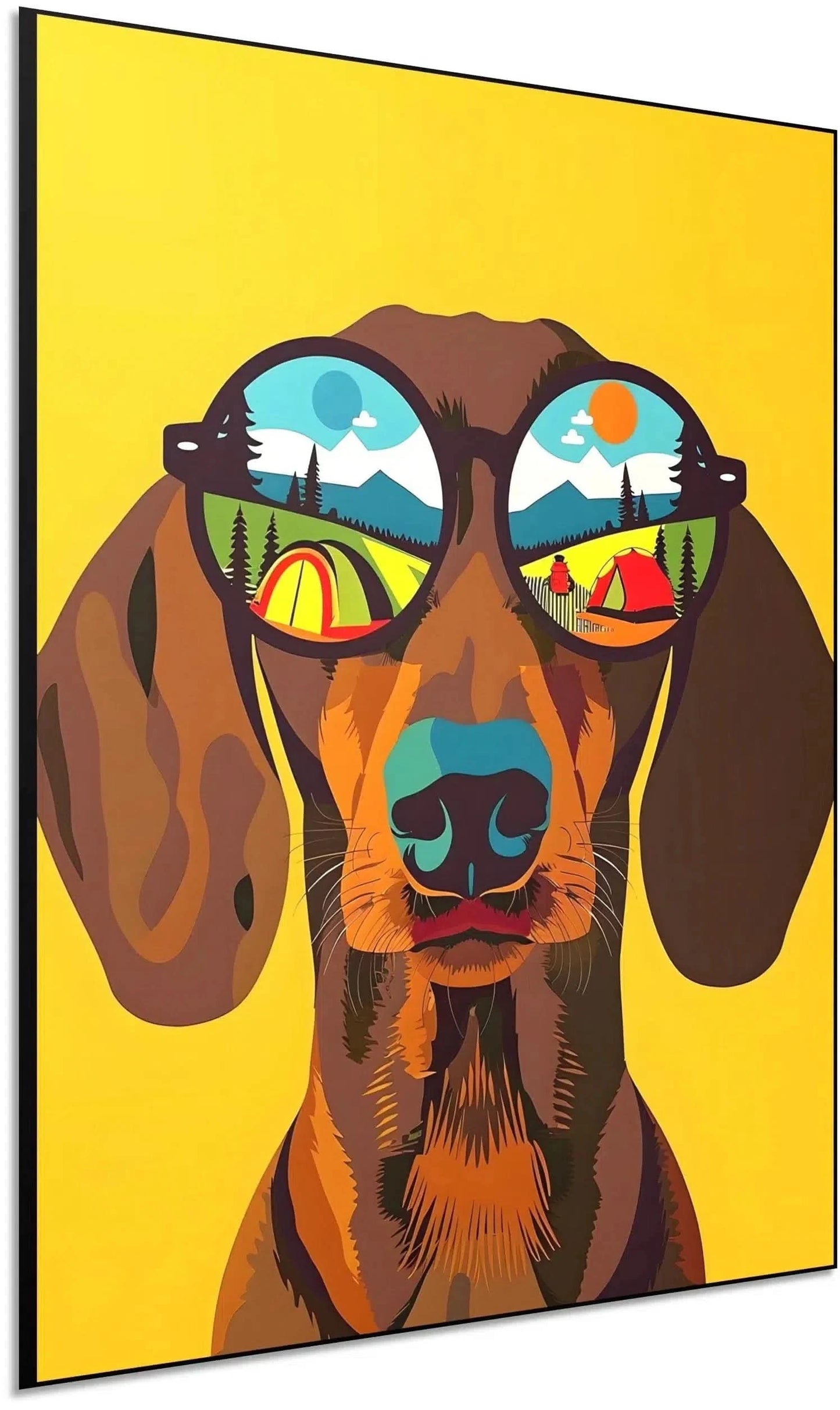 Illustration d'un chien portant des lunettes de soleil, avec des paysages colorés dans les lentilles, idéale pour une chambre enfantine.